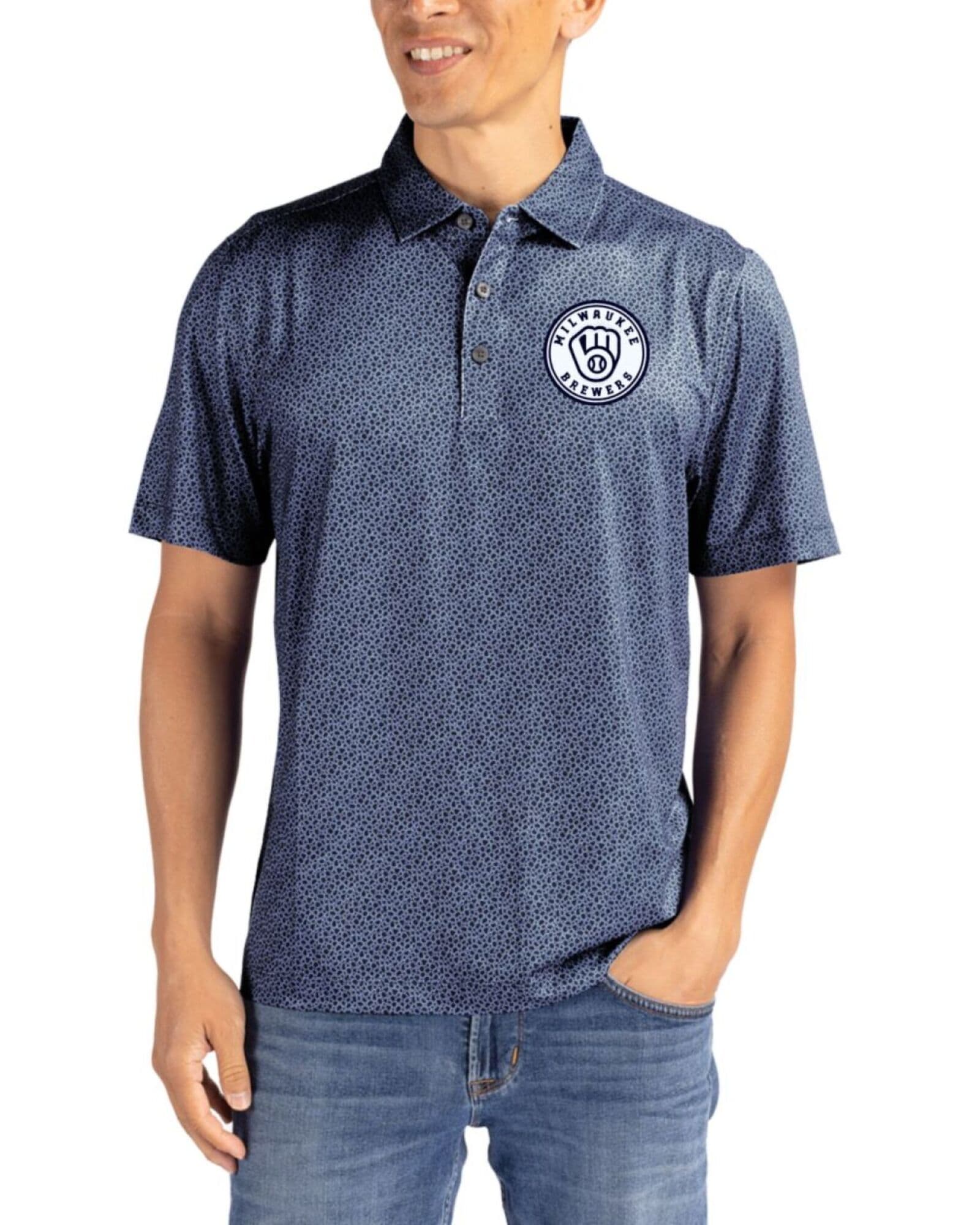 Men's Milwaukee Brewers Cutter & Buck Mono Navy Blue/White Pike Pebble Print Polo
