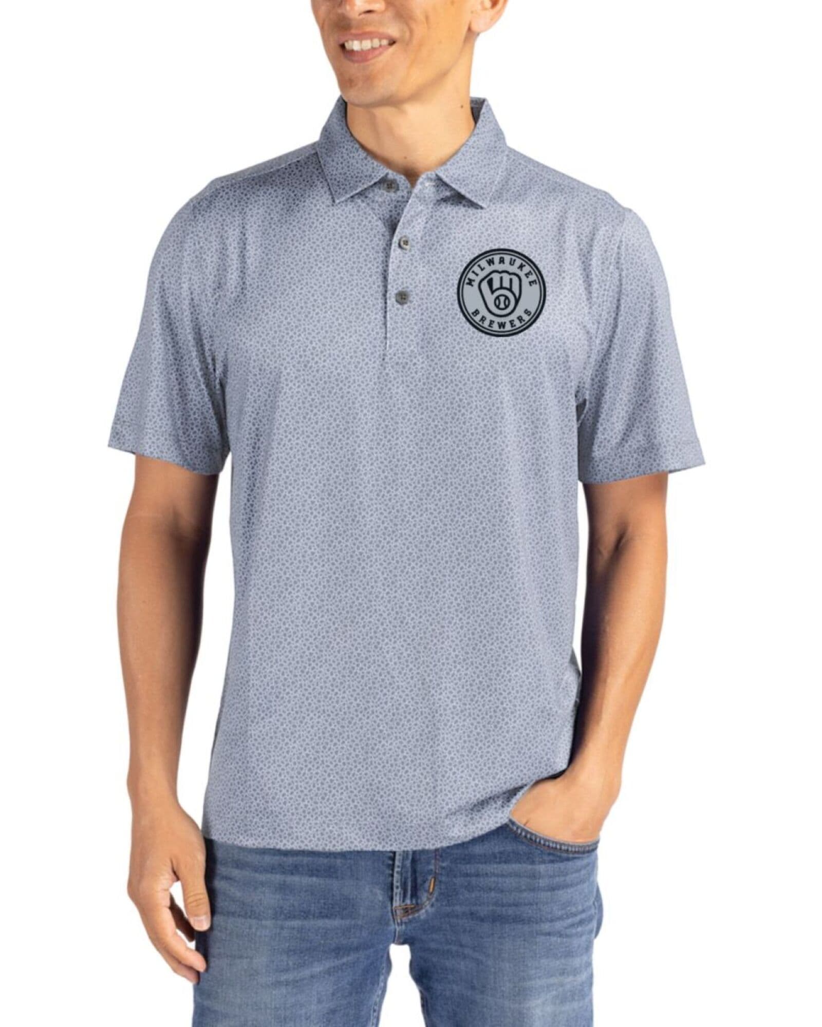 Men's Milwaukee Brewers Cutter & Buck Mono Polished/White Pike Pebble Print Polo