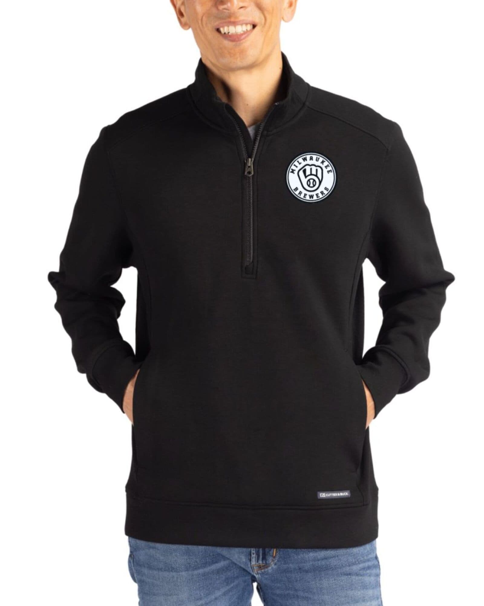 Men's Milwaukee Brewers Cutter & Buck Mono Black Roam Buttery-Soft Knit Quarter Zip Jacket
