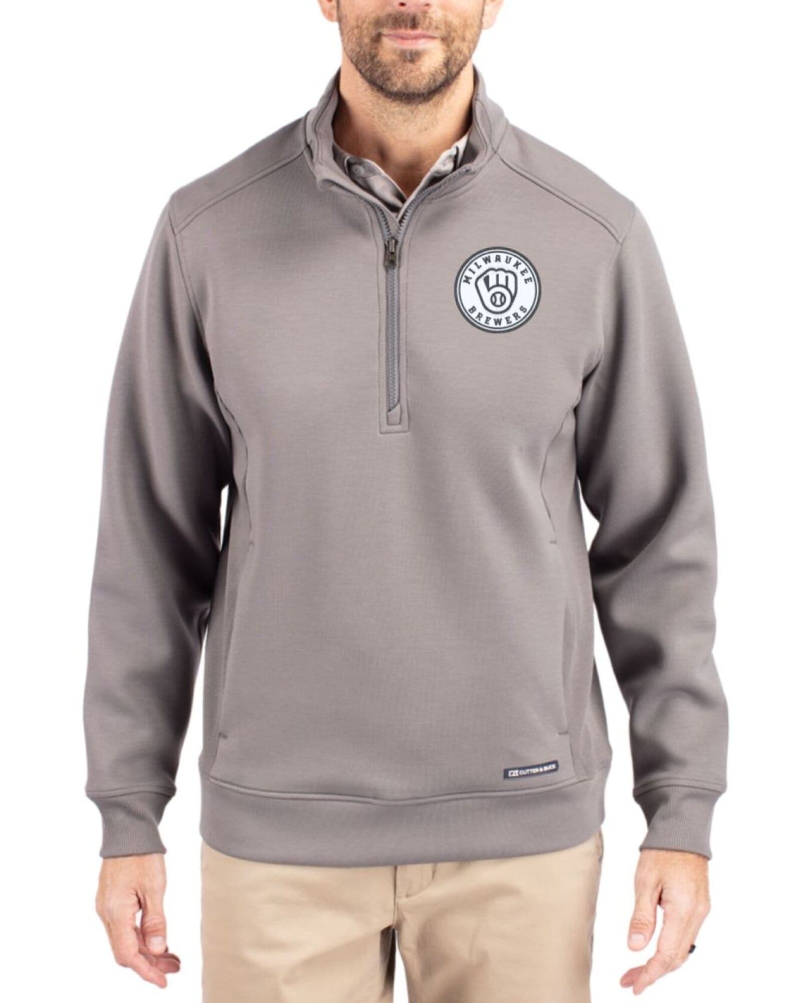 Men's Milwaukee Brewers Cutter & Buck Mono Elemental Grey Roam Buttery-Soft Knit Quarter Zip Jacket