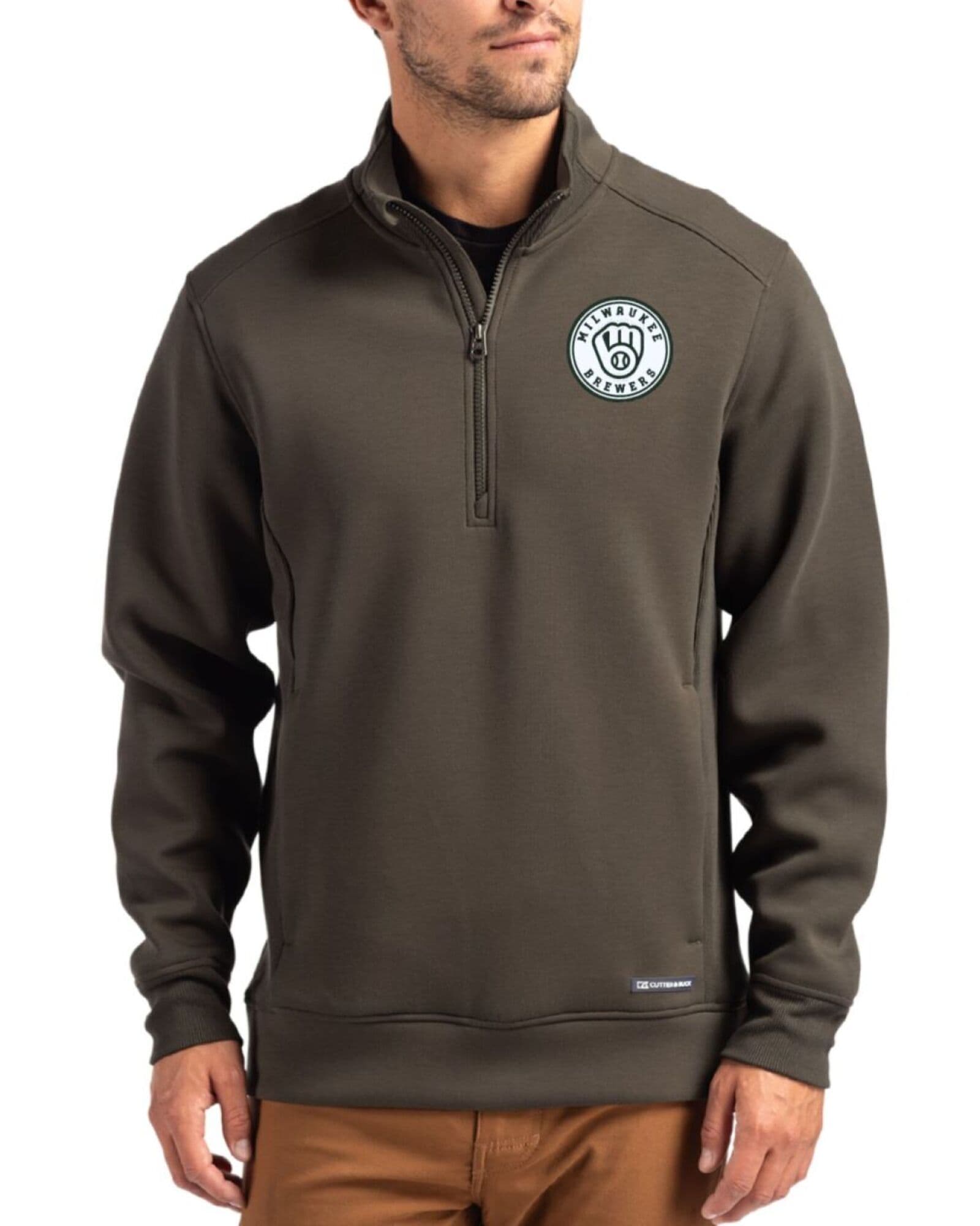 Men's Milwaukee Brewers Cutter & Buck Mono Poplar Roam Buttery-Soft Knit Quarter Zip Jacket