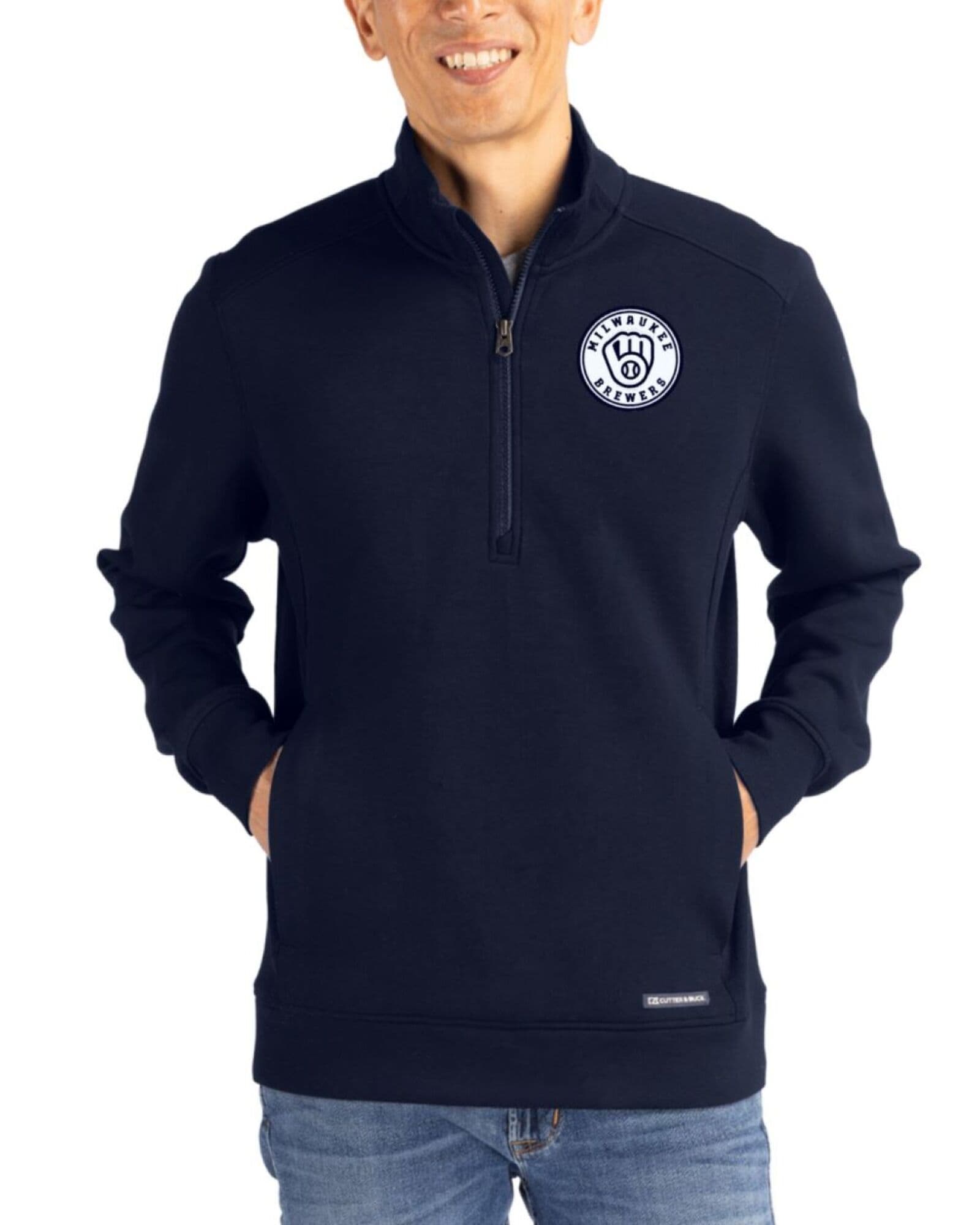 Men's Milwaukee Brewers Cutter & Buck Mono Navy Blue Roam Buttery-Soft Knit Quarter Zip Jacket