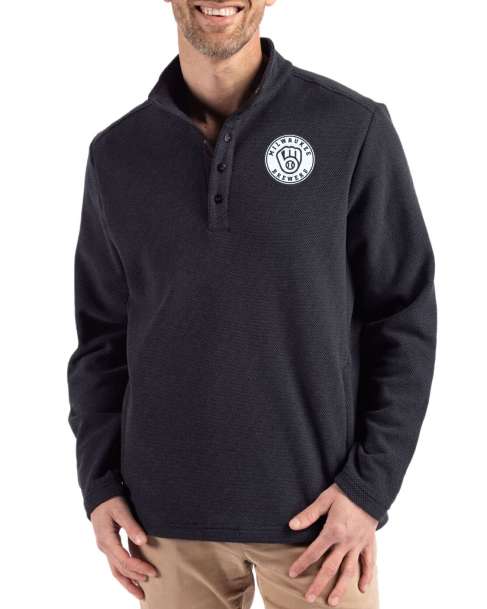 Men's Milwaukee Brewers Cutter & Buck Mono Black Hunts Point Fleece Hybrid Snap Placket Pullover
