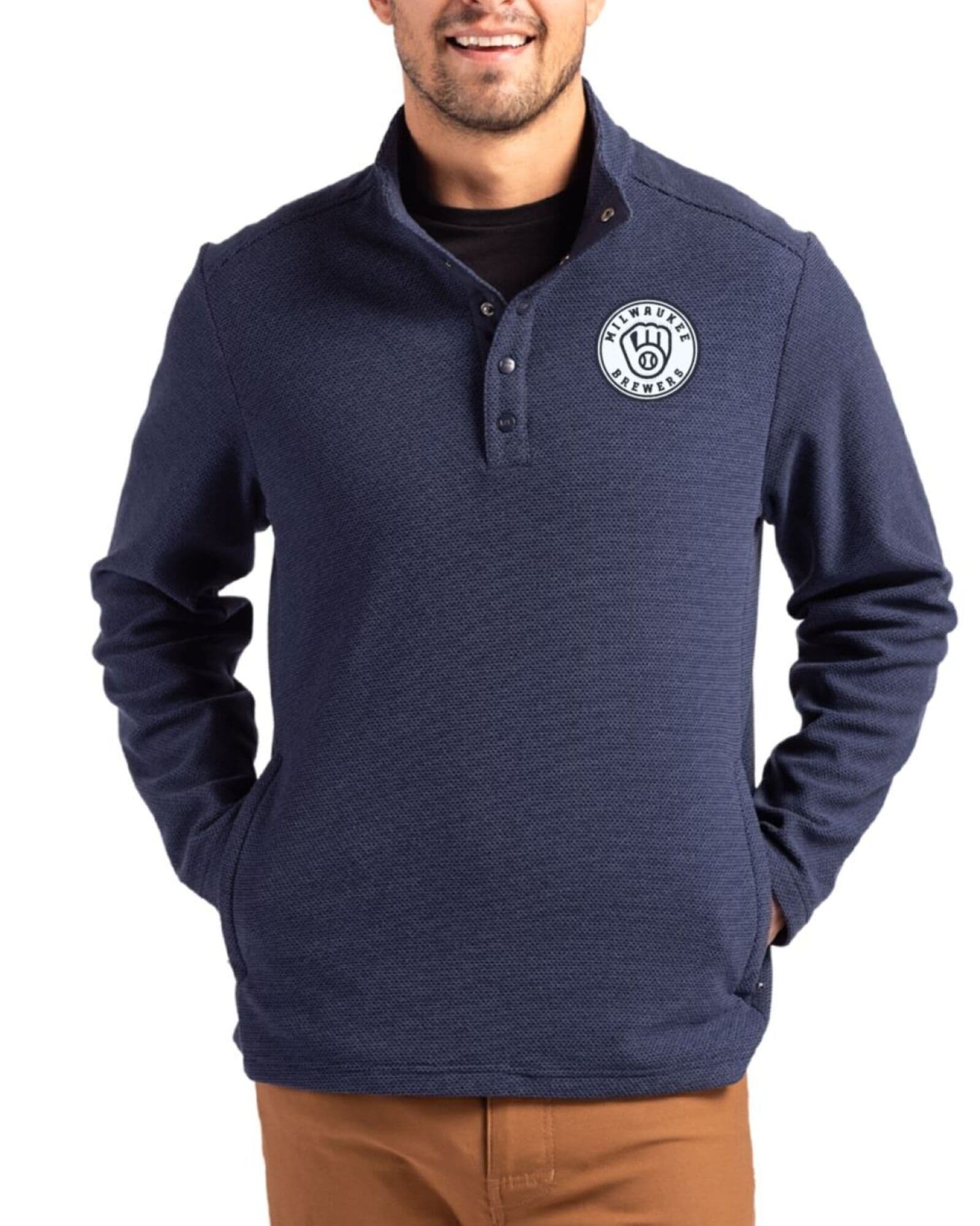Men's Milwaukee Brewers Cutter & Buck Mono Navy Blue Hunts Point Fleece Hybrid Snap Placket Pullover