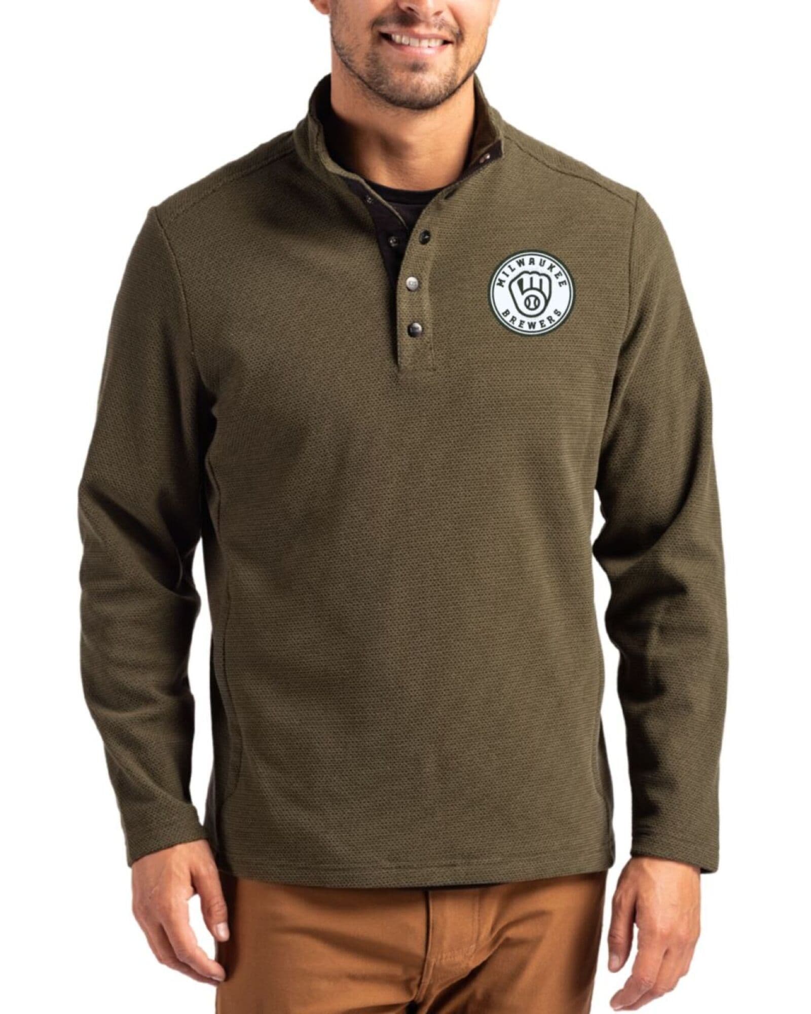 Men's Milwaukee Brewers Cutter & Buck Mono Poplar Hunts Point Fleece Hybrid Snap Placket Pullover