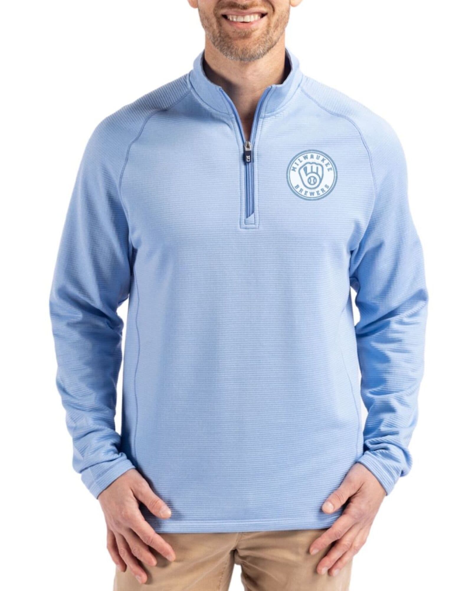 Men's Milwaukee Brewers Cutter & Buck Mono Atlas Heather Peshastin Grid Fleece Half Zip Pullover