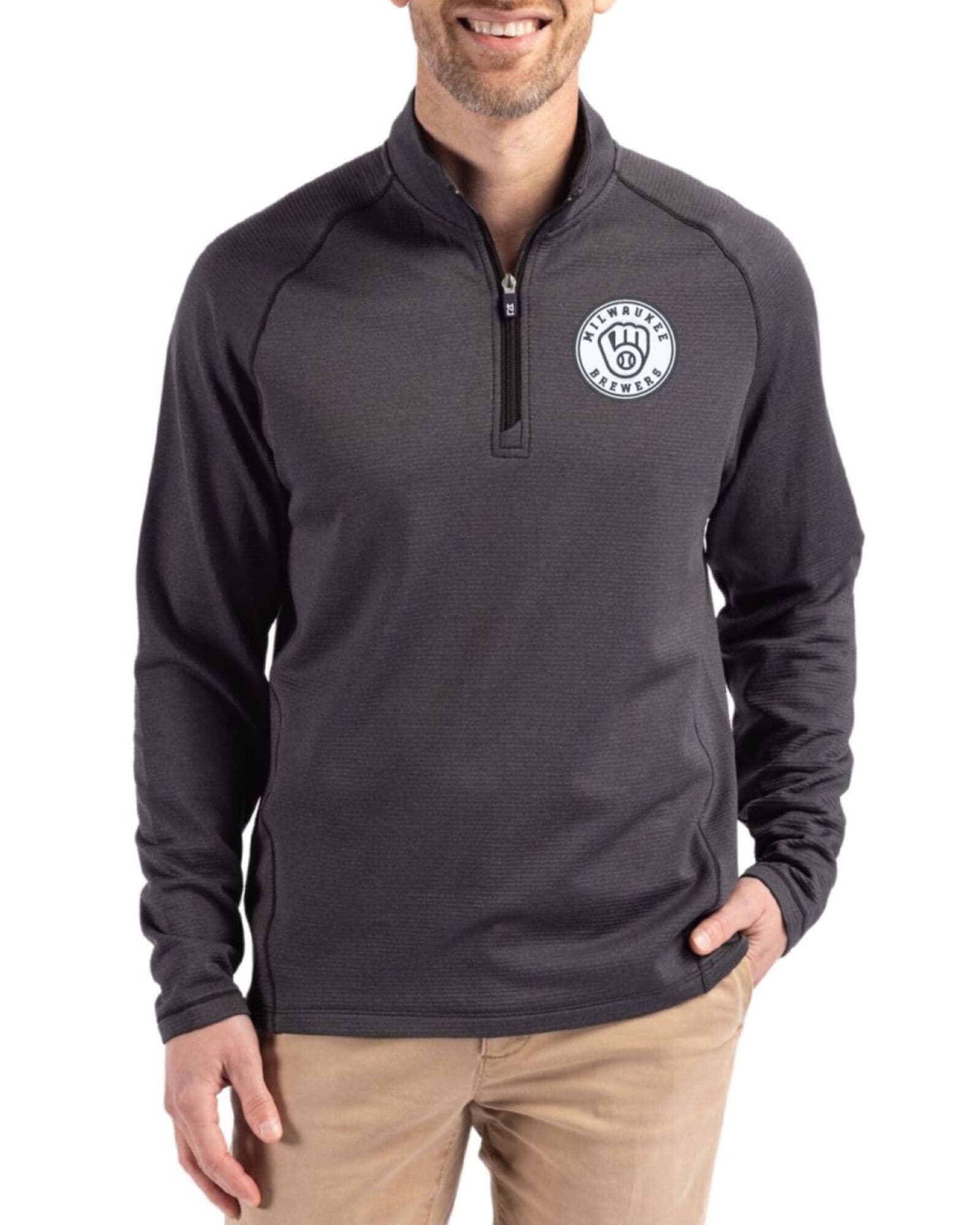 Men's Milwaukee Brewers Cutter & Buck Mono Black Heather Peshastin Grid Fleece Half Zip Pullover