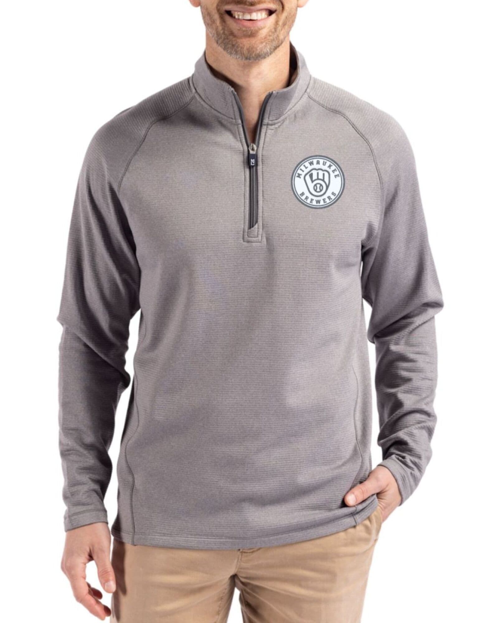 Men's Milwaukee Brewers Cutter & Buck Mono Elemental Grey Heather Peshastin Grid Fleece Half Zip Pullover