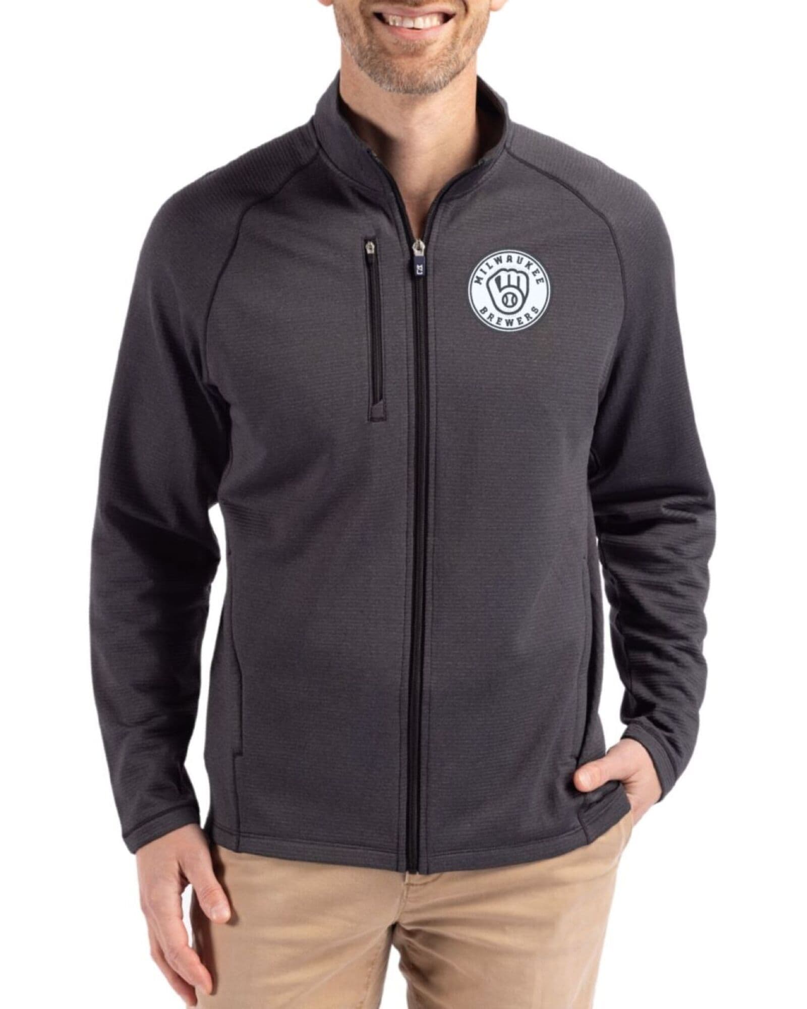 Men's Milwaukee Brewers Cutter & Buck Mono Black Heather Peshastin Grid Fleece Full Zip Jacket