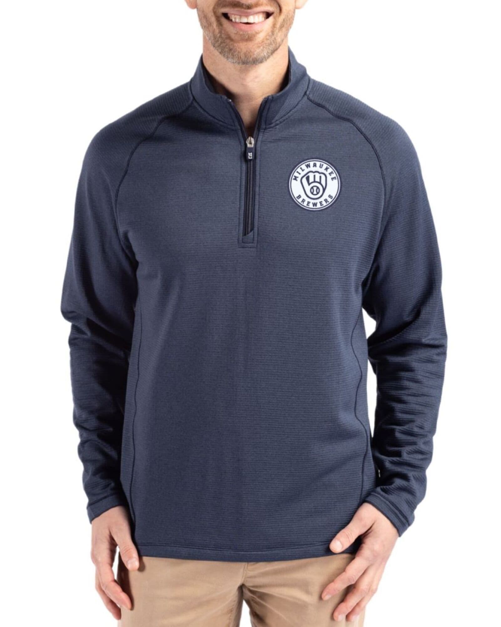Men's Milwaukee Brewers Cutter & Buck Mono Navy Blue Heather Peshastin Grid Fleece Half Zip Pullover