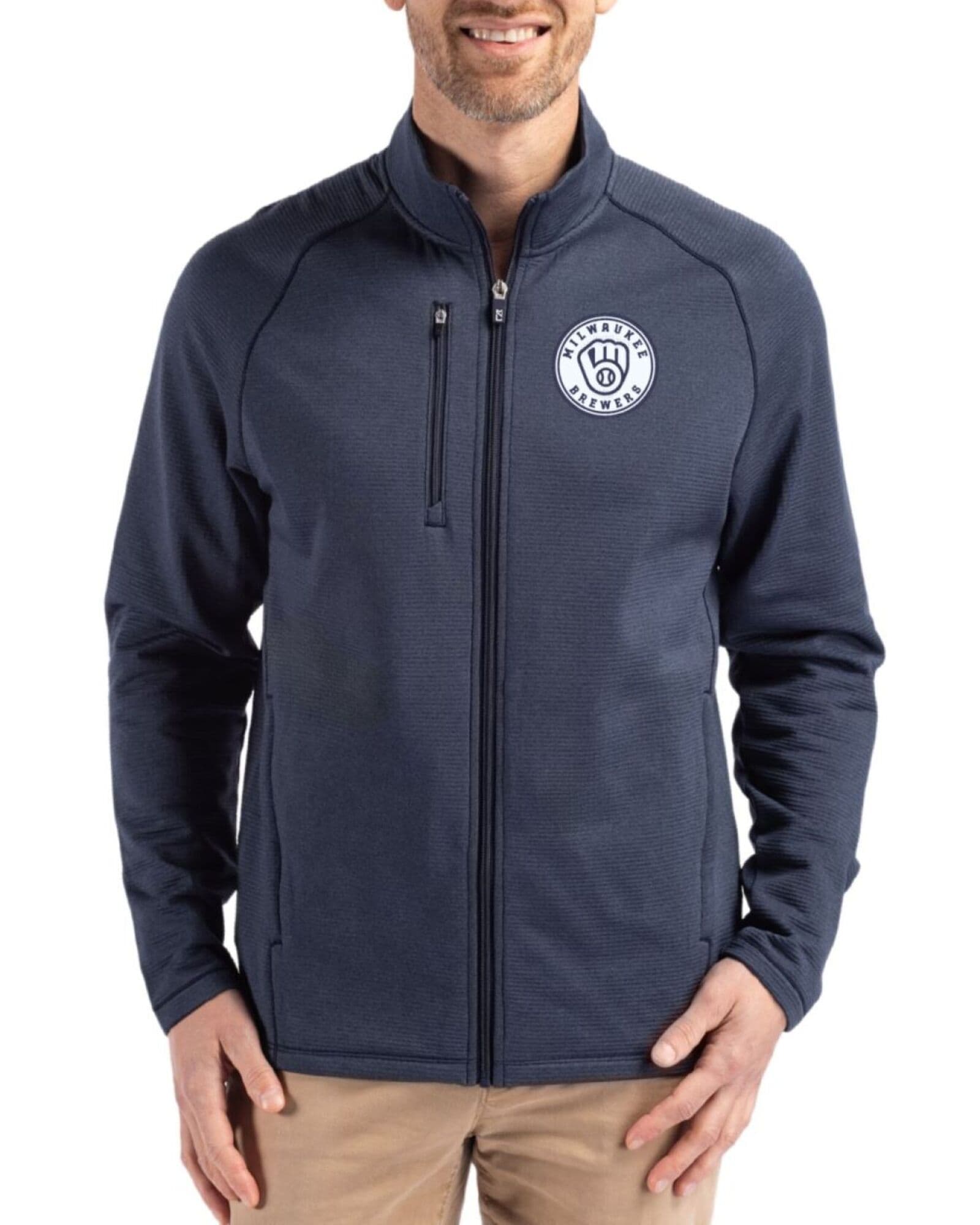 Men's Milwaukee Brewers Cutter & Buck Mono Navy Blue Heather Peshastin Grid Fleece Full Zip Jacket