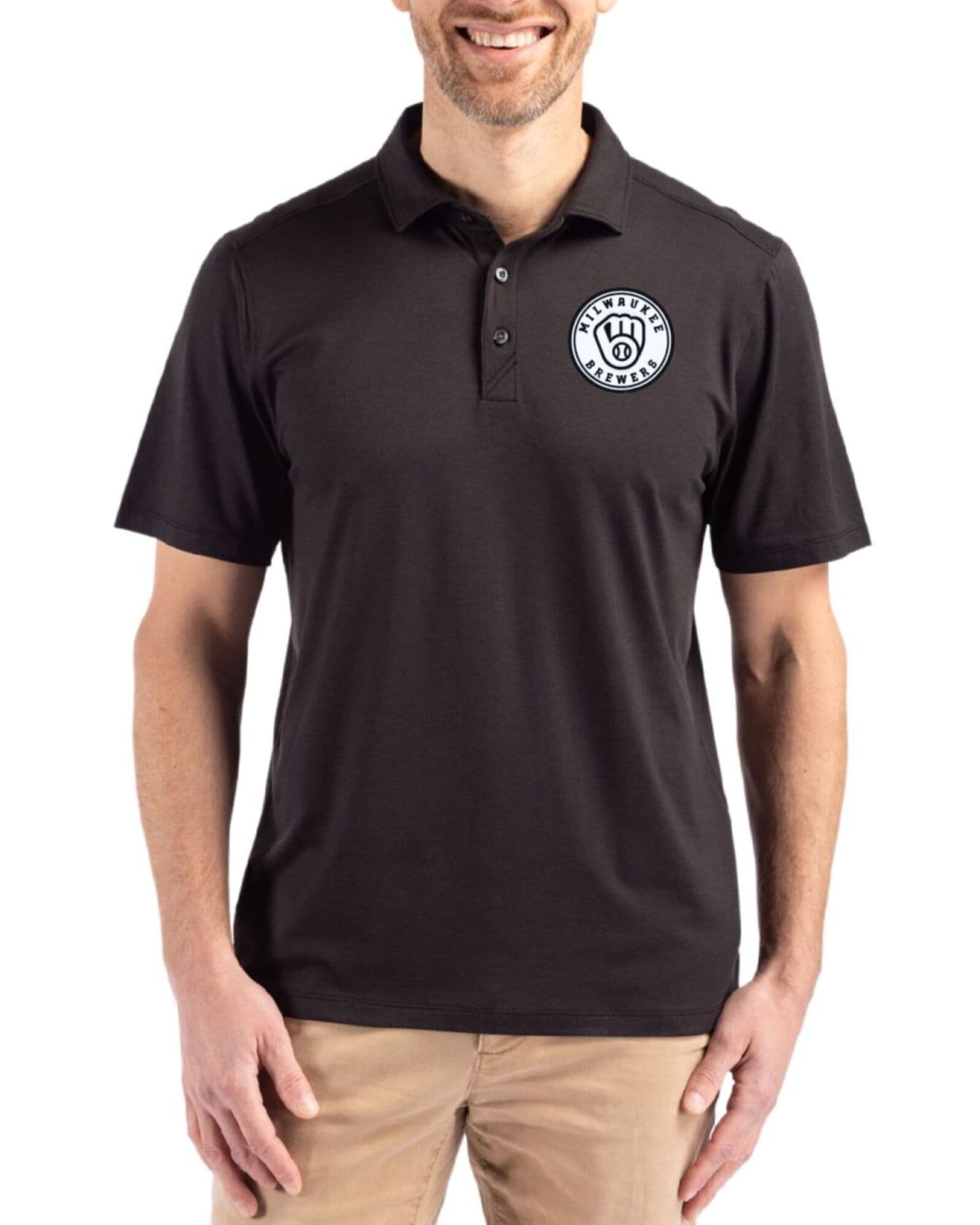 Men's Milwaukee Brewers Cutter & Buck Mono Black Coastline Double Peached Polo