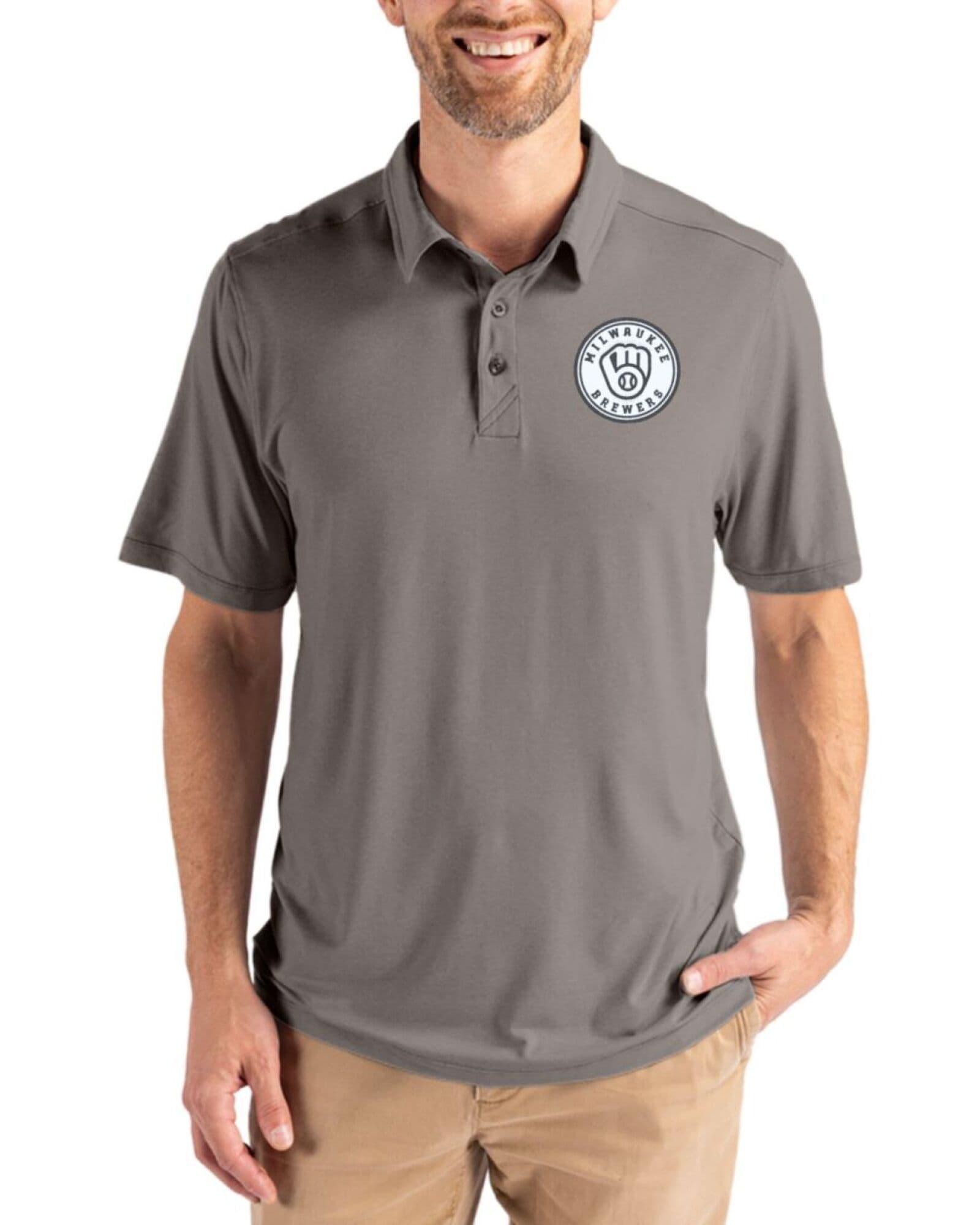 Men's Milwaukee Brewers Cutter & Buck Mono Elemental Grey Coastline Double Peached Polo