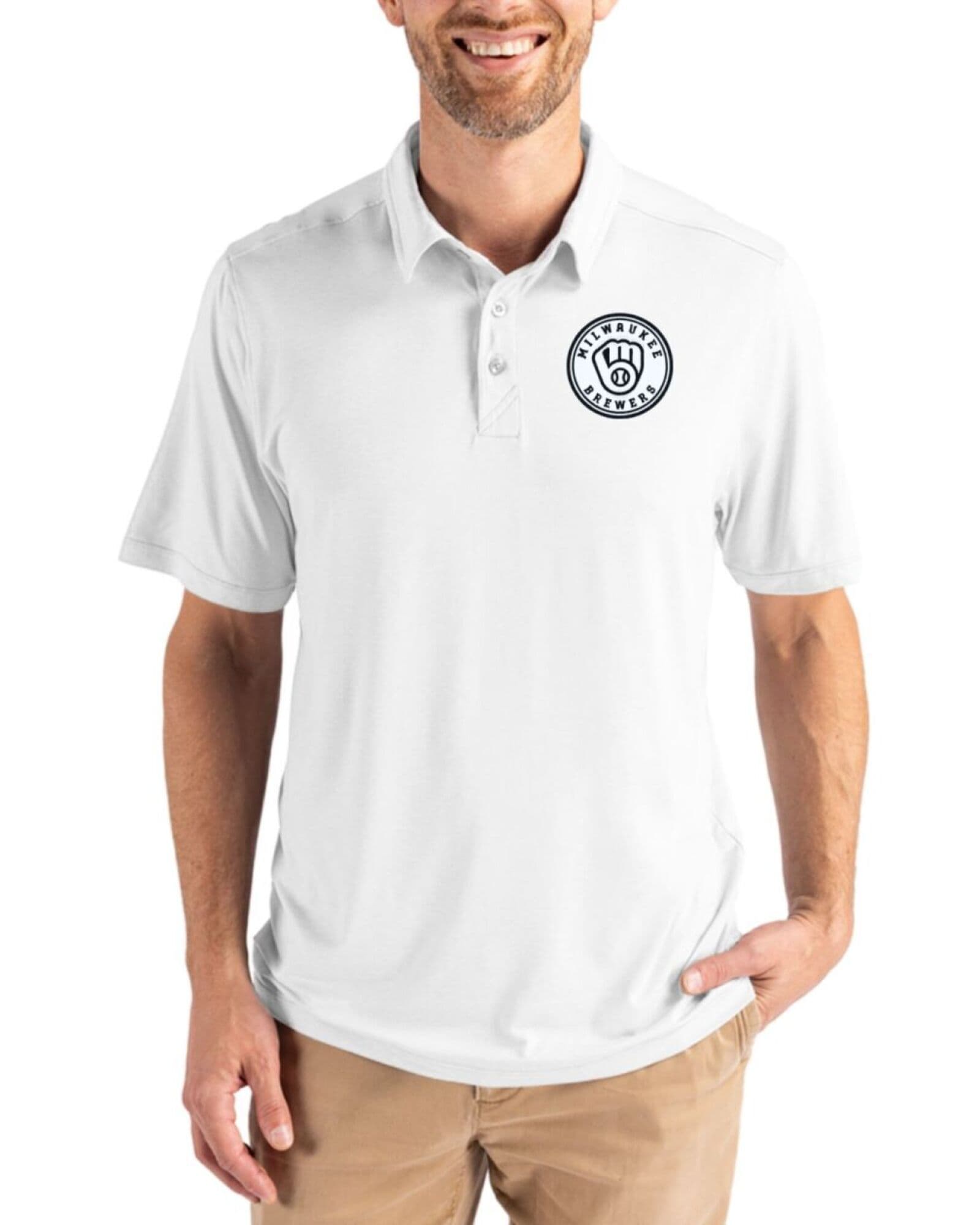 Men's Milwaukee Brewers Cutter & Buck Mono White Coastline Double Peached Polo