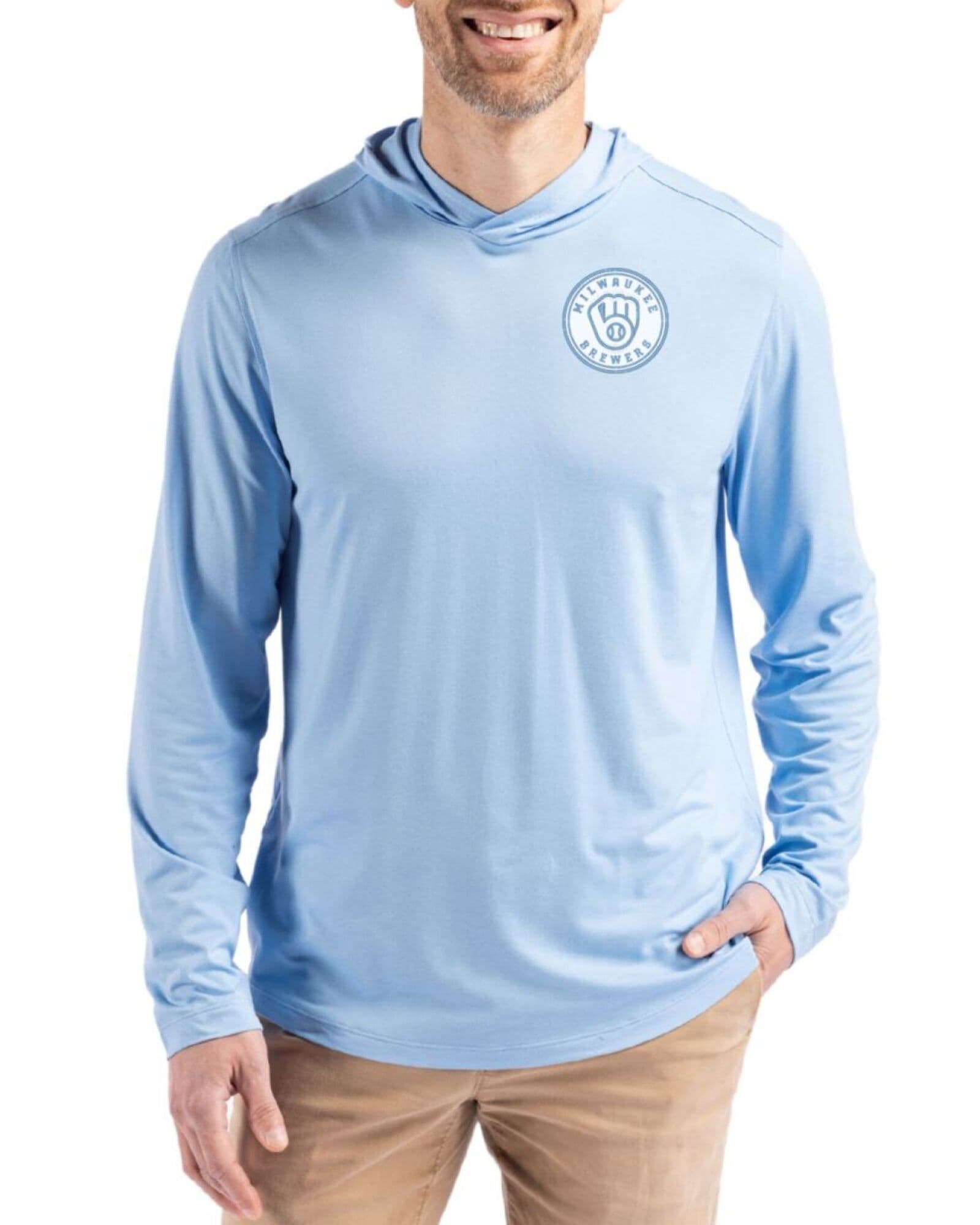 Men's Milwaukee Brewers Cutter & Buck Mono Atlas Coastline Double Peached Hooded Pullover