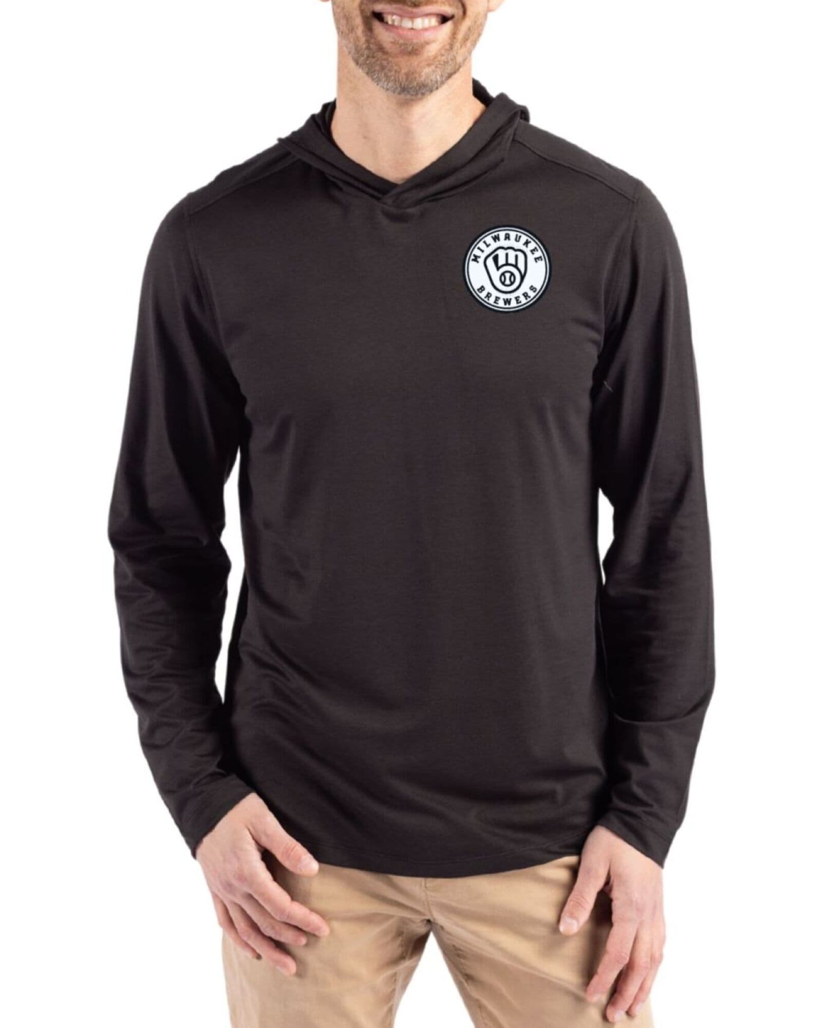 Men's Milwaukee Brewers Cutter & Buck Mono Black Coastline Double Peached Hooded Pullover