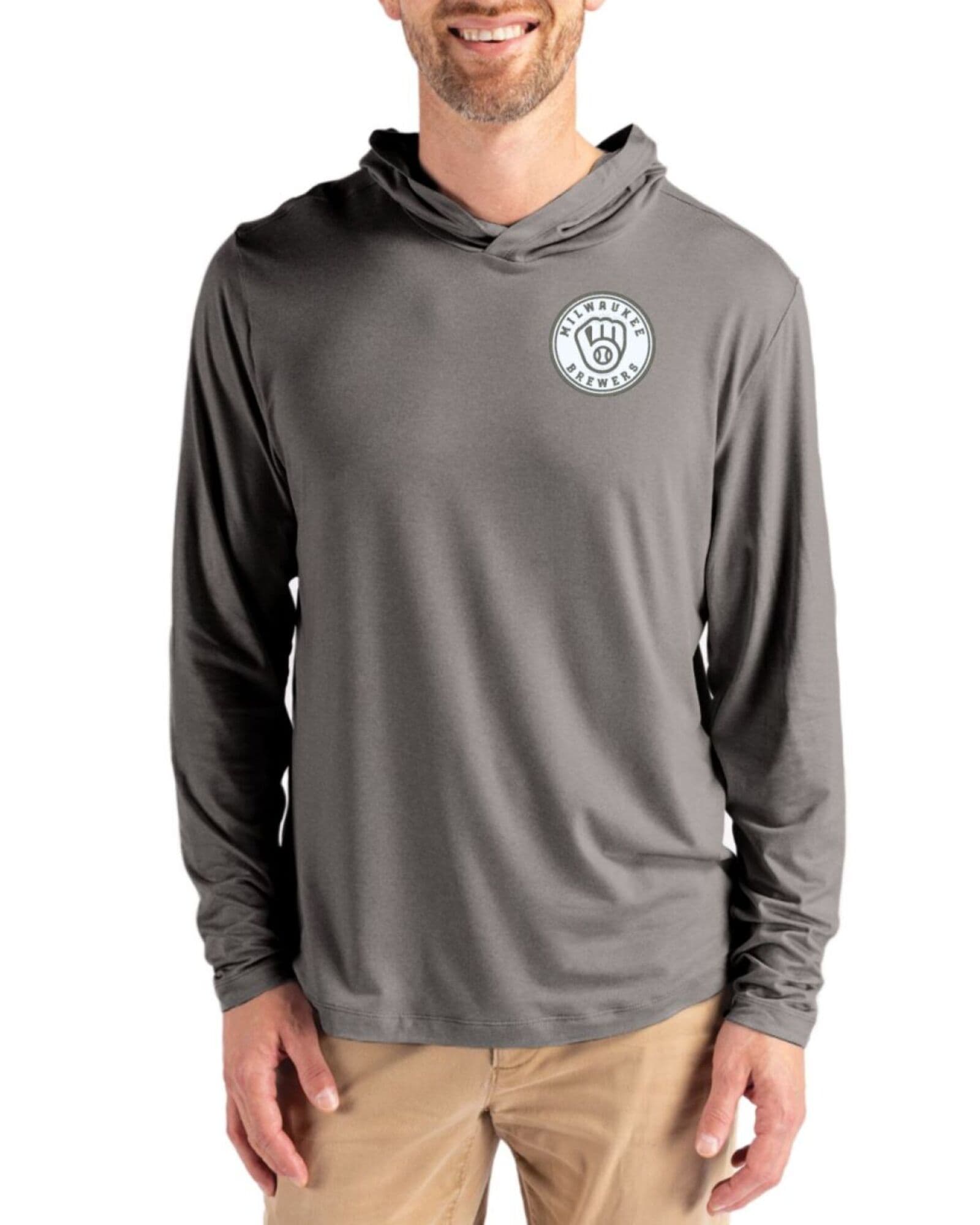 Men's Milwaukee Brewers Cutter & Buck Mono Elemental Grey Coastline Double Peached Hooded Pullover