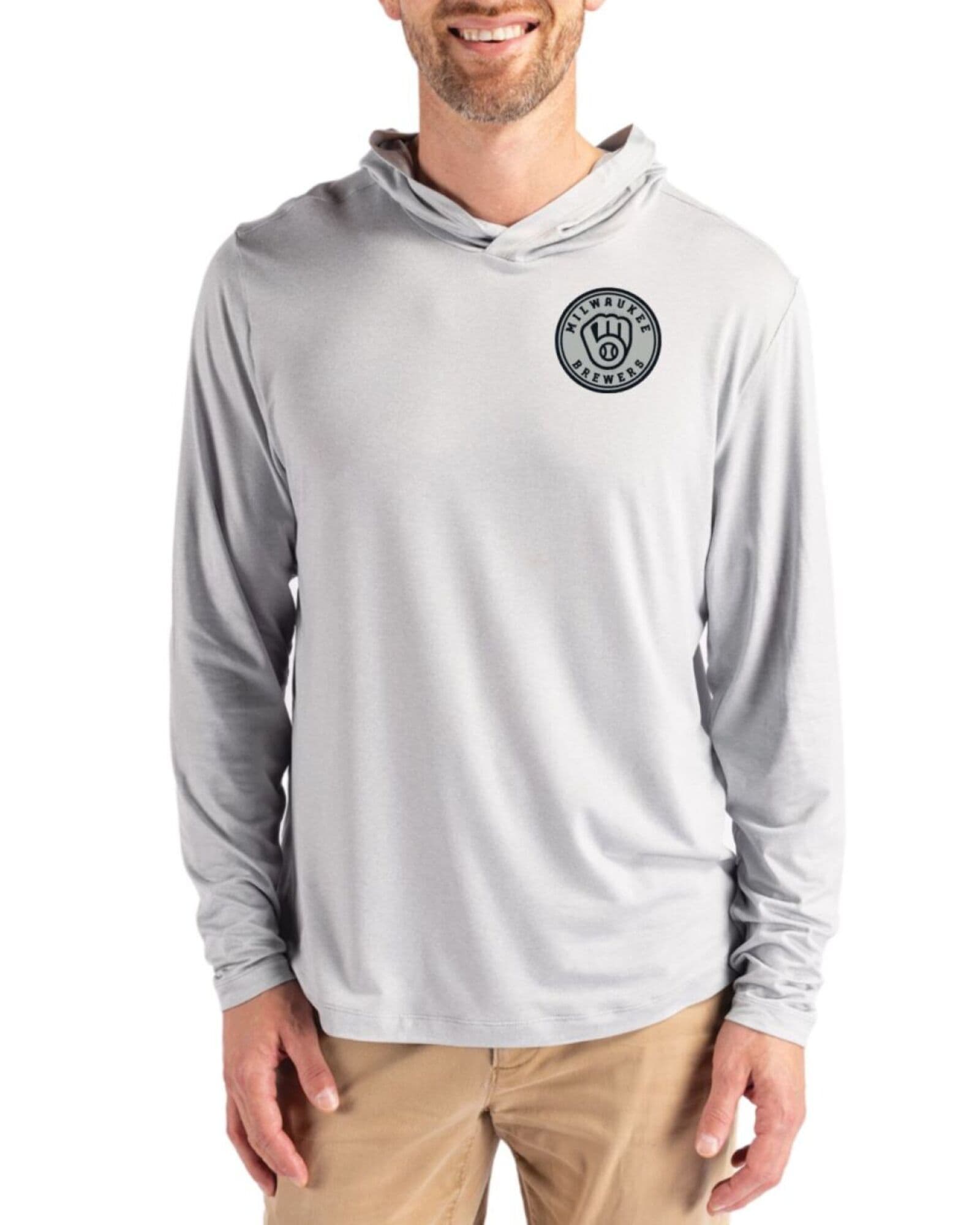 Men's Milwaukee Brewers Cutter & Buck Mono Concrete Coastline Double Peached Hooded Pullover