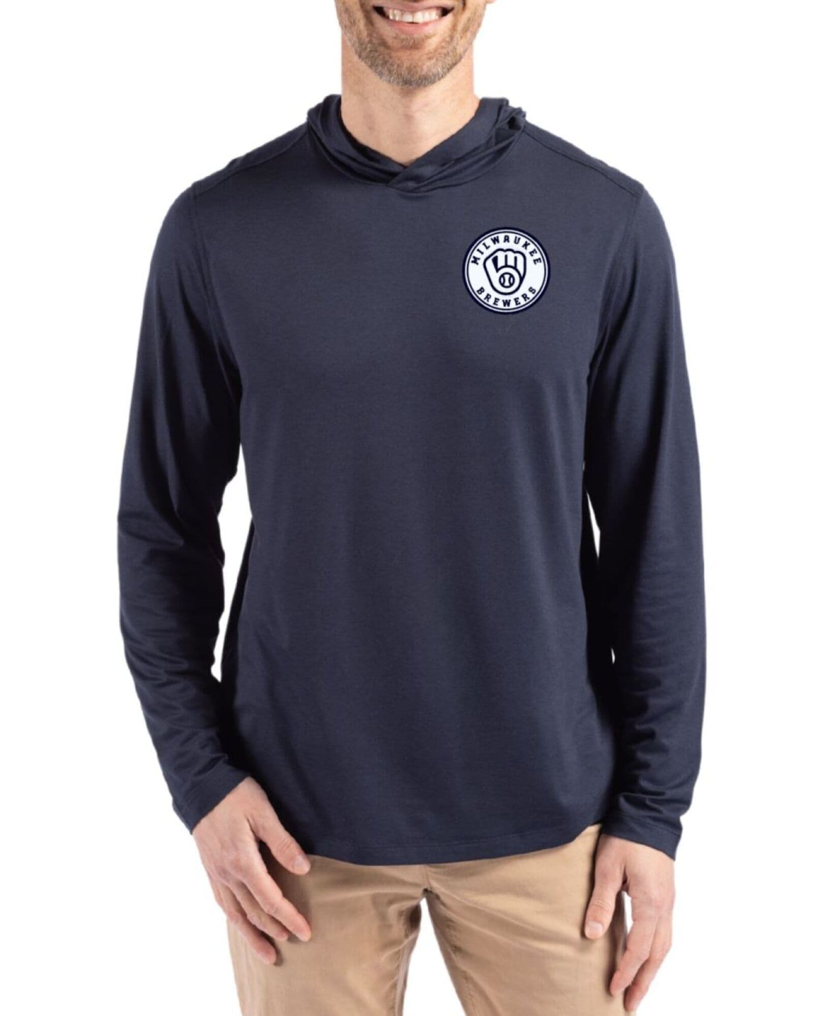 Men's Milwaukee Brewers Cutter & Buck Mono Navy Blue Coastline Double Peached Hooded Pullover