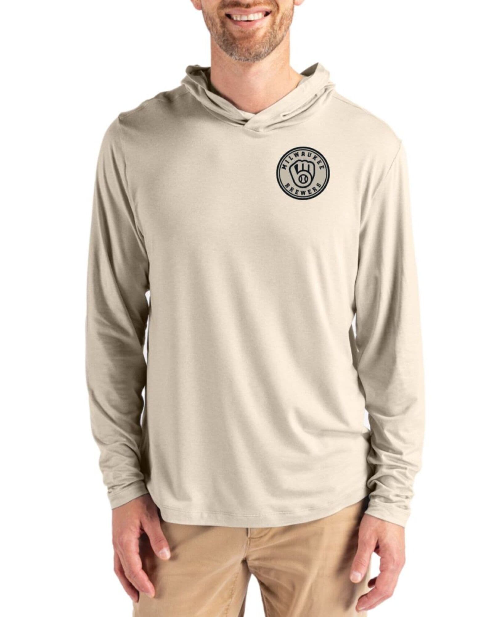 Men's Milwaukee Brewers Cutter & Buck Mono Wheat Coastline Double Peached Hooded Pullover