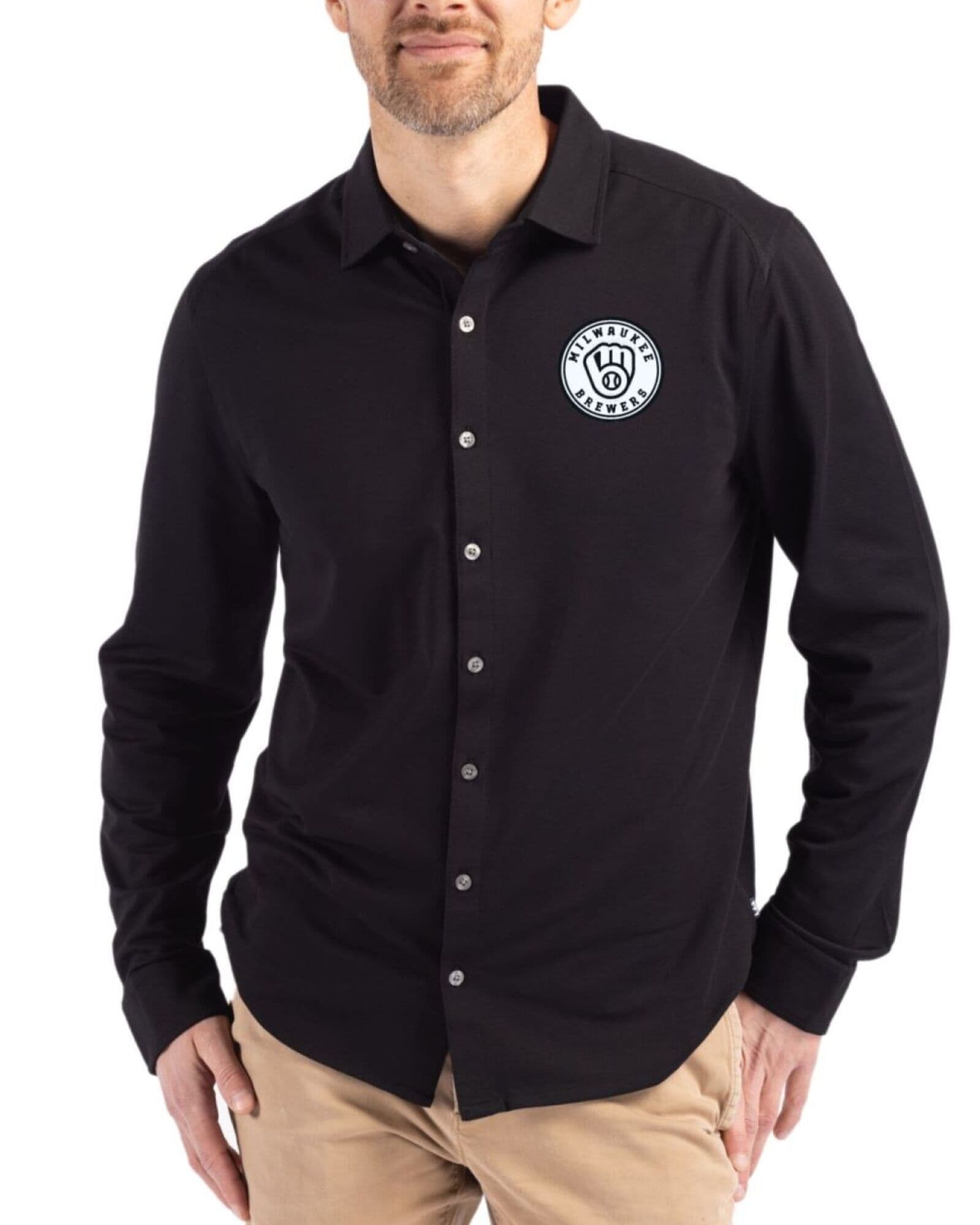 Men's Milwaukee Brewers Cutter & Buck Mono Black Advantage Cotton-Blend Pique Long Sleeve Button Down Shirt