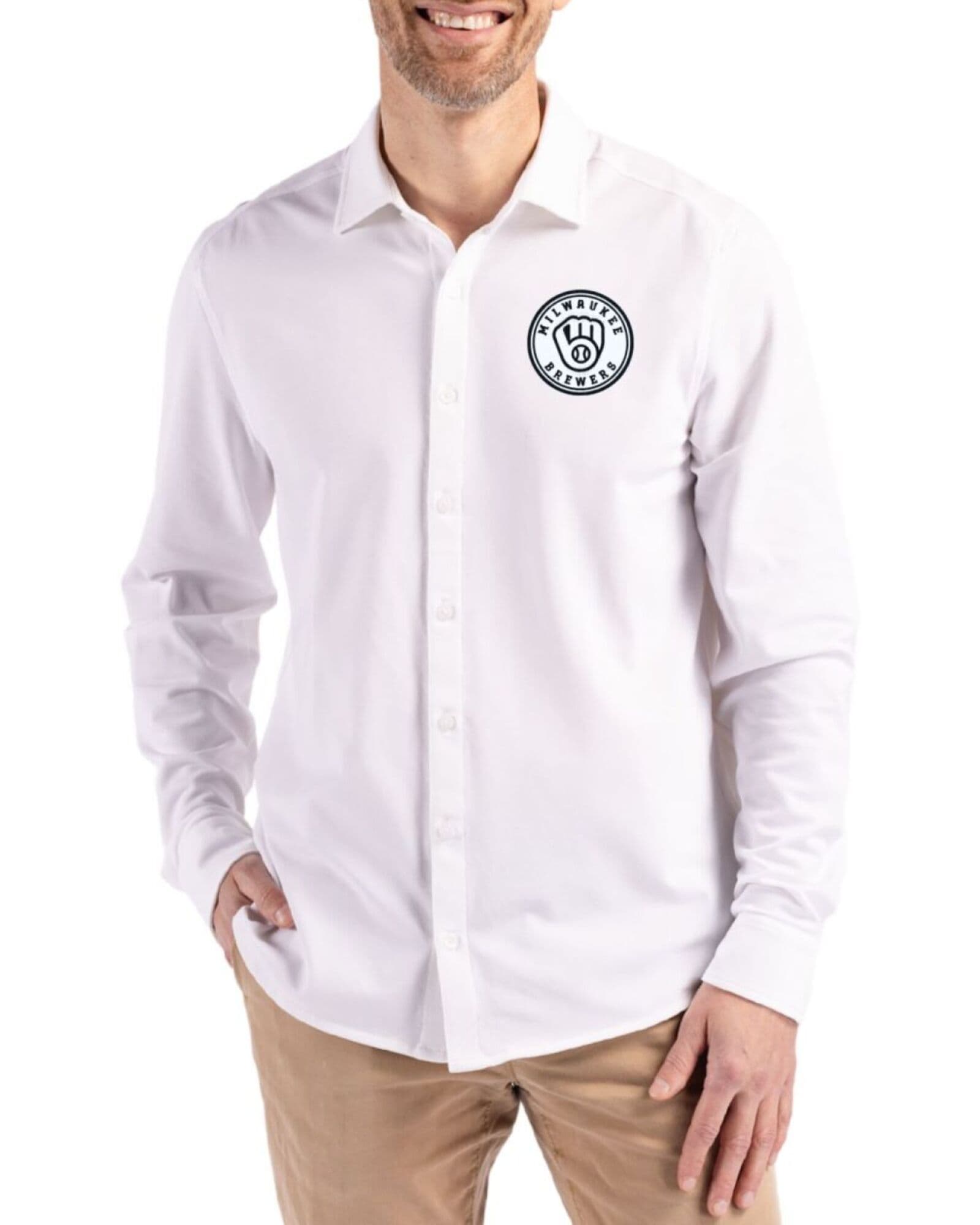 Men's Milwaukee Brewers Cutter & Buck Mono White Advantage Cotton-Blend Pique Long Sleeve Button Down Shirt