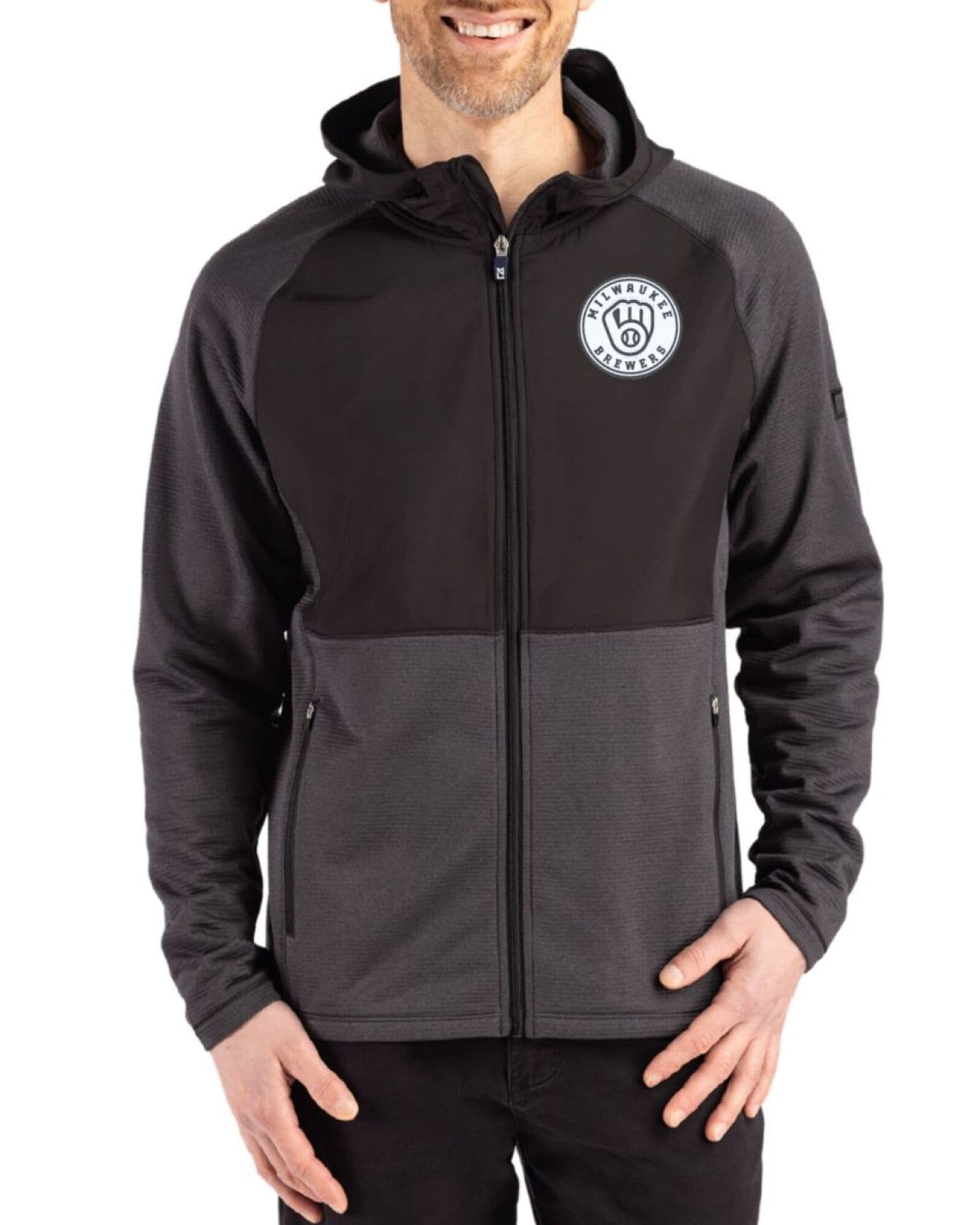 Men's Milwaukee Brewers Cutter & Buck Mono Black Heather Peshastin Grid Fleece Hybrid Hooded Full Zip Jacket