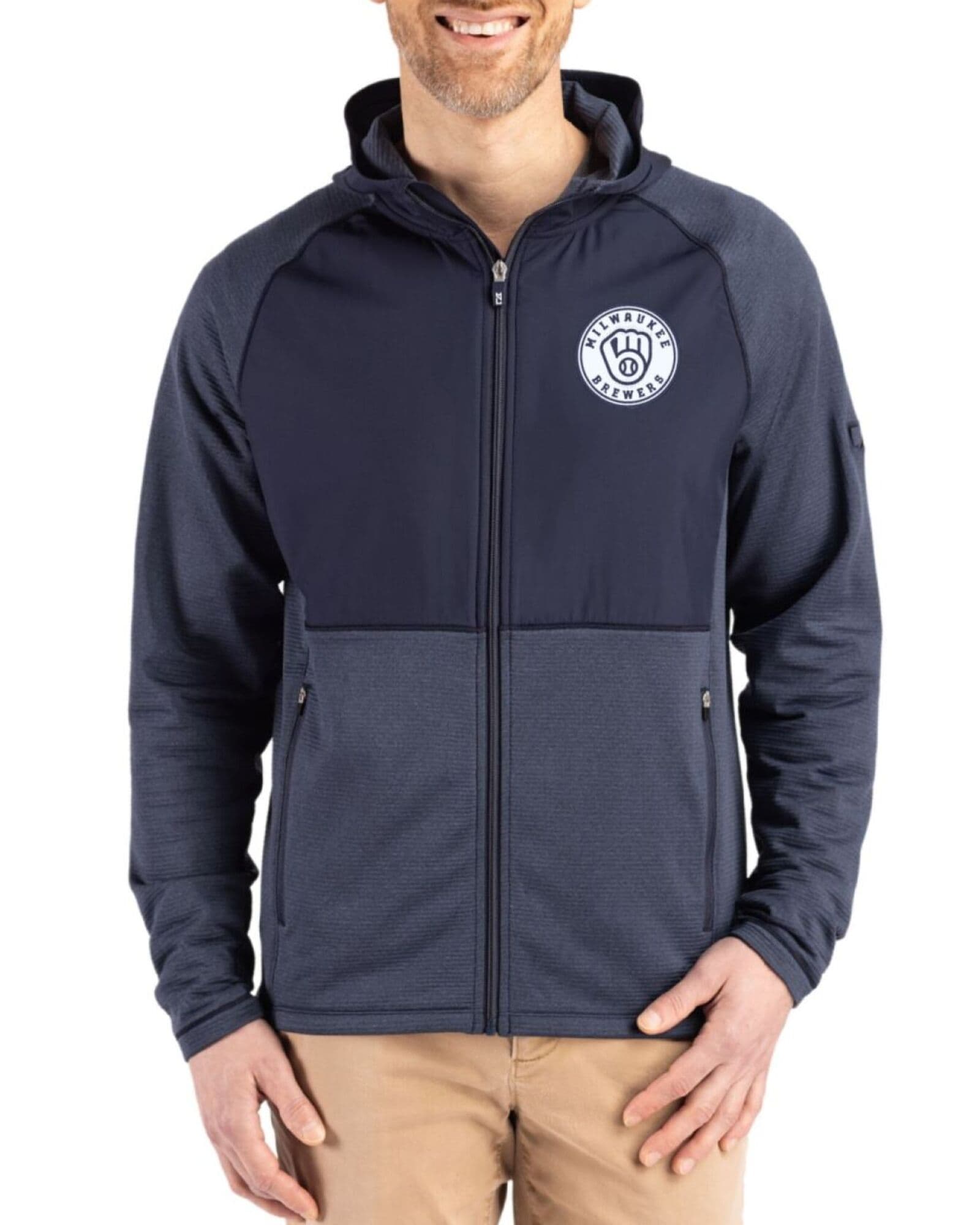 Men's Milwaukee Brewers Cutter & Buck Mono Navy Blue Heather Peshastin Grid Fleece Hybrid Hooded Full Zip Jacket