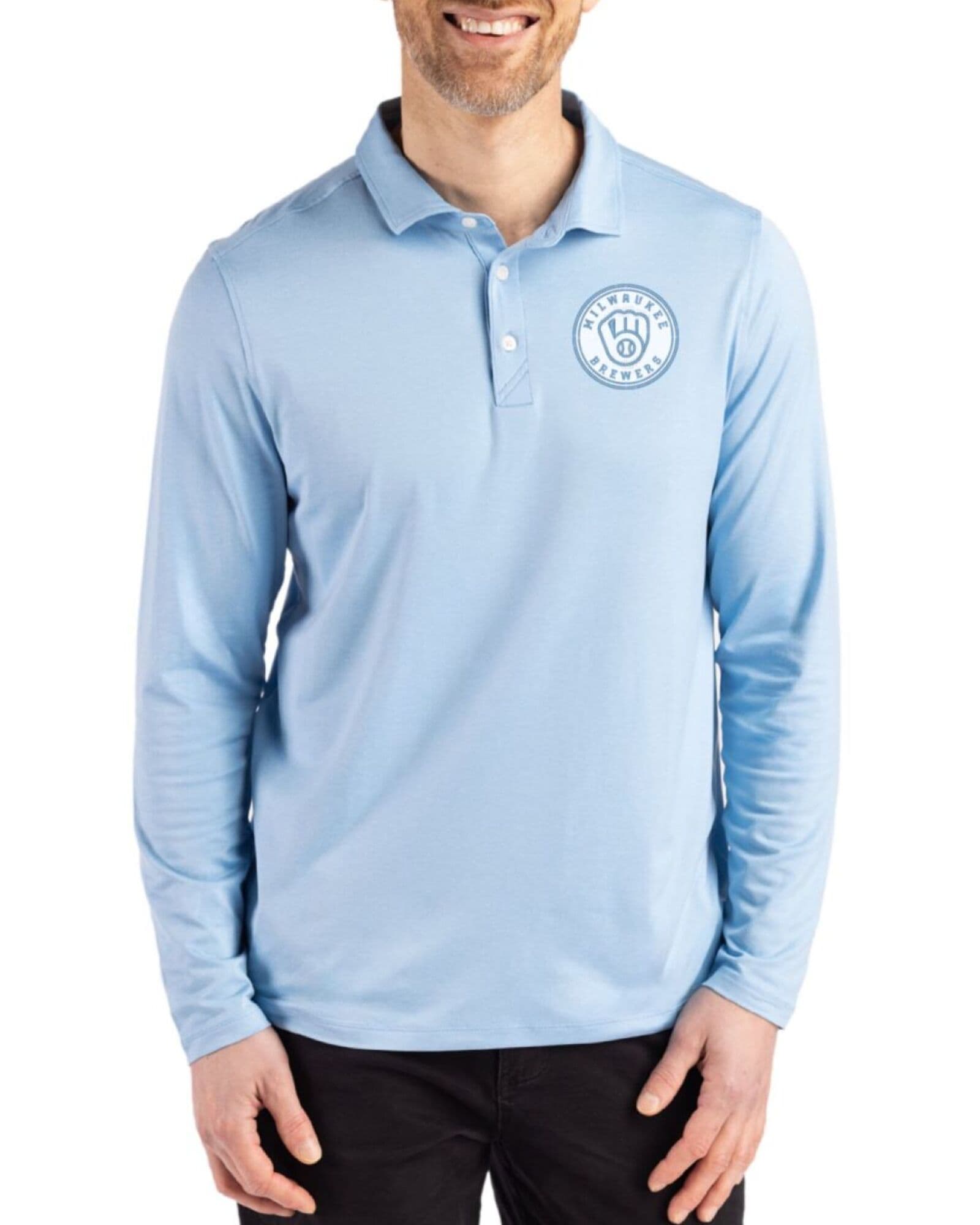 Men's Milwaukee Brewers Cutter & Buck Mono Atlas Coastline Double Peached Long Sleeve Polo