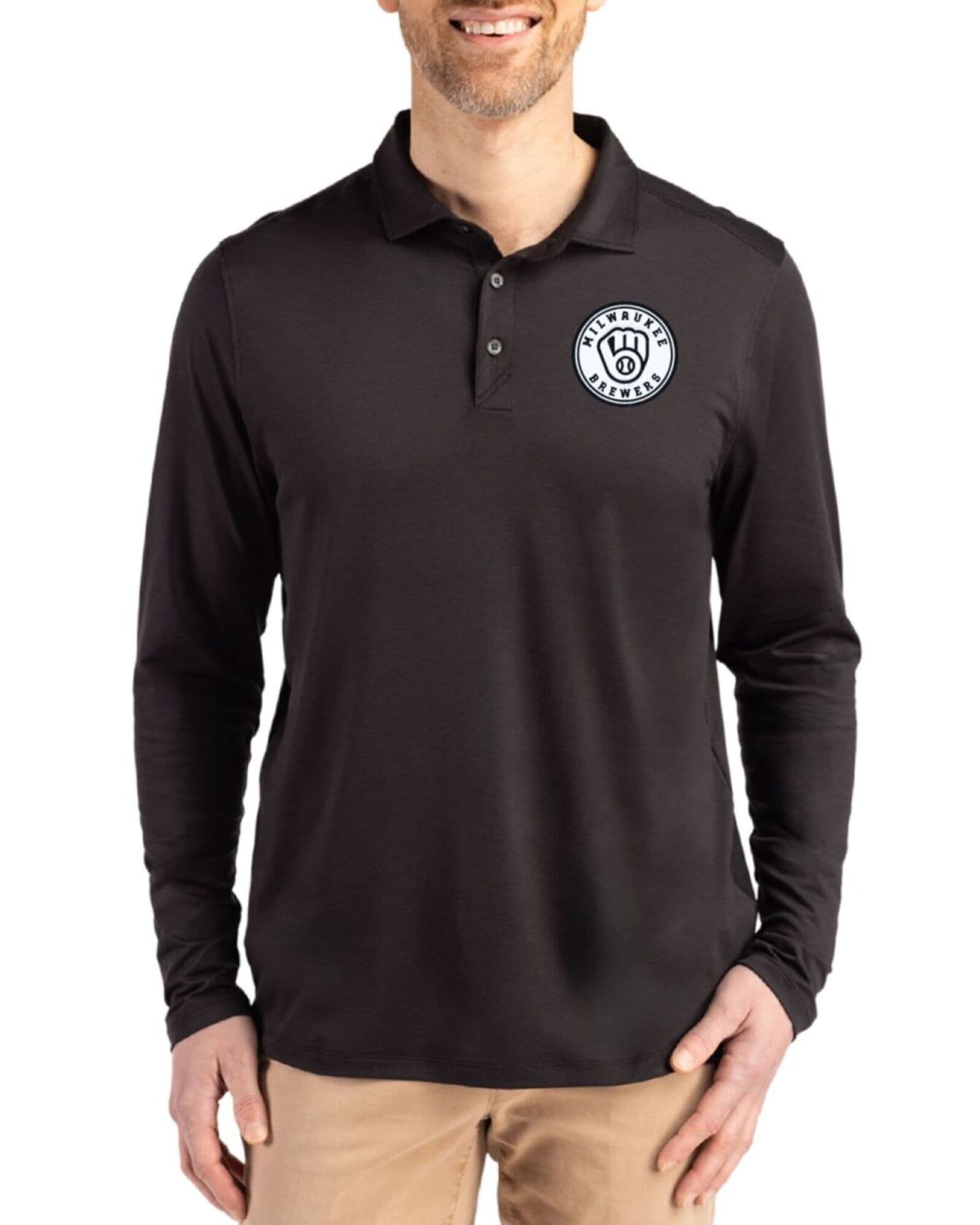 Men's Milwaukee Brewers Cutter & Buck Mono Black Coastline Double Peached Long Sleeve Polo