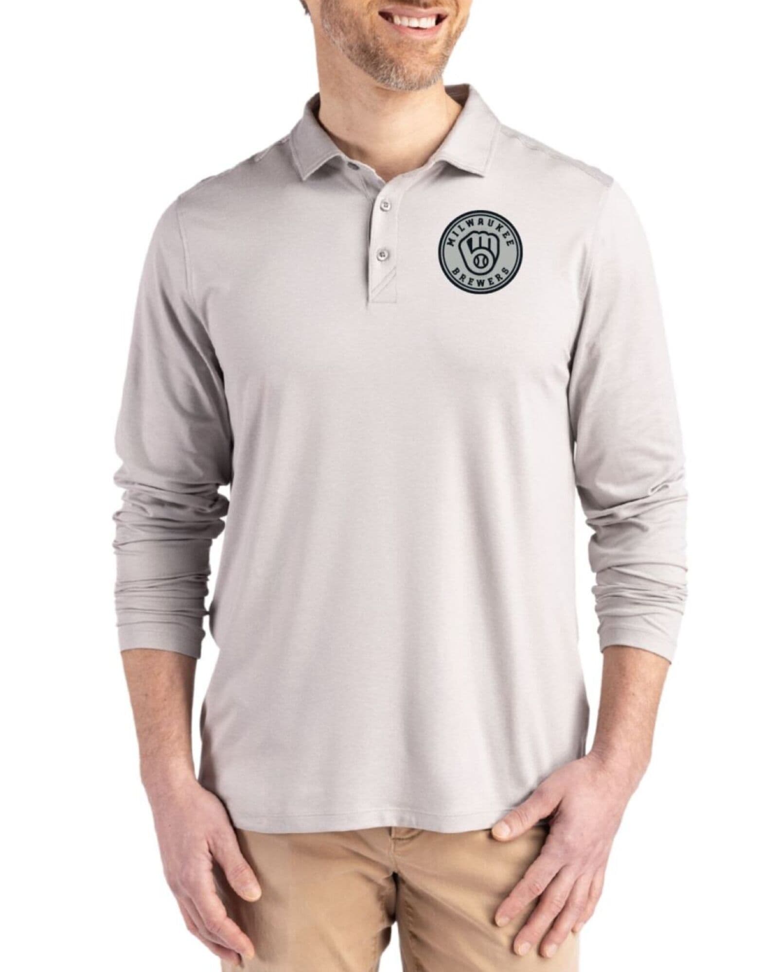 Men's Milwaukee Brewers Cutter & Buck Mono Concrete Coastline Double Peached Long Sleeve Polo