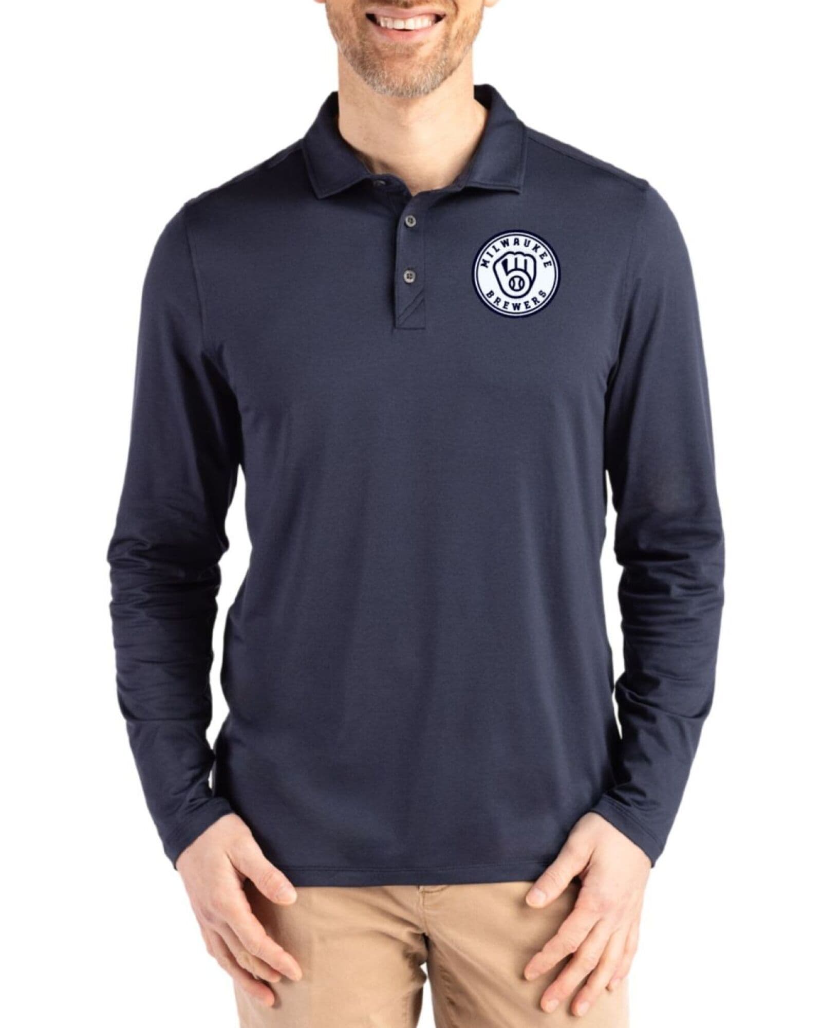 Men's Milwaukee Brewers Cutter & Buck Mono Navy Blue Coastline Double Peached Long Sleeve Polo