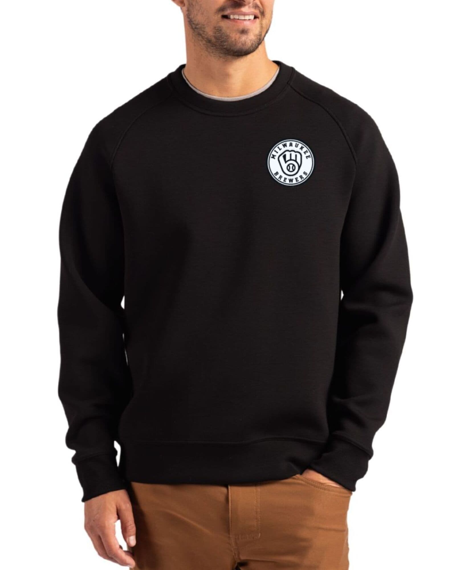 Men's Milwaukee Brewers Cutter & Buck Mono Black Roam Buttery-Soft Knit Crew Neck Pullover