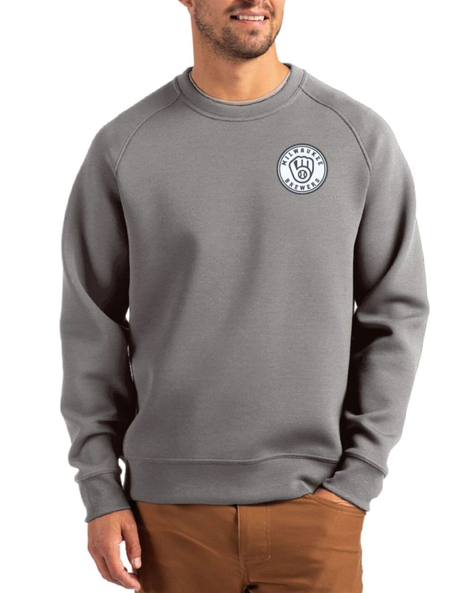 Men's Milwaukee Brewers Cutter & Buck Mono Elemental Grey Roam Buttery-Soft Knit Crew Neck Pullover
