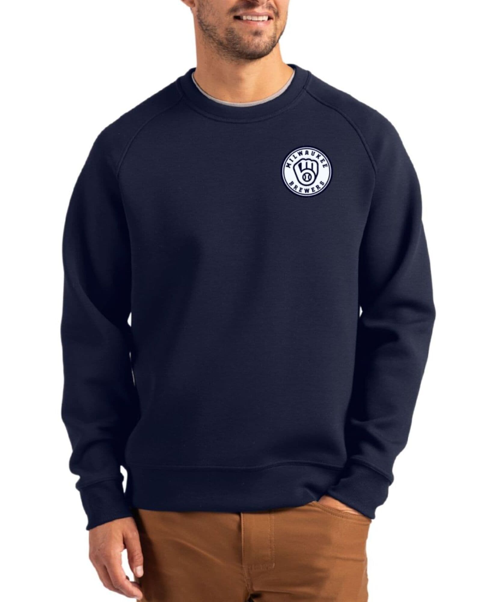 Men's Milwaukee Brewers Cutter & Buck Mono Navy Blue Roam Buttery-Soft Knit Crew Neck Pullover