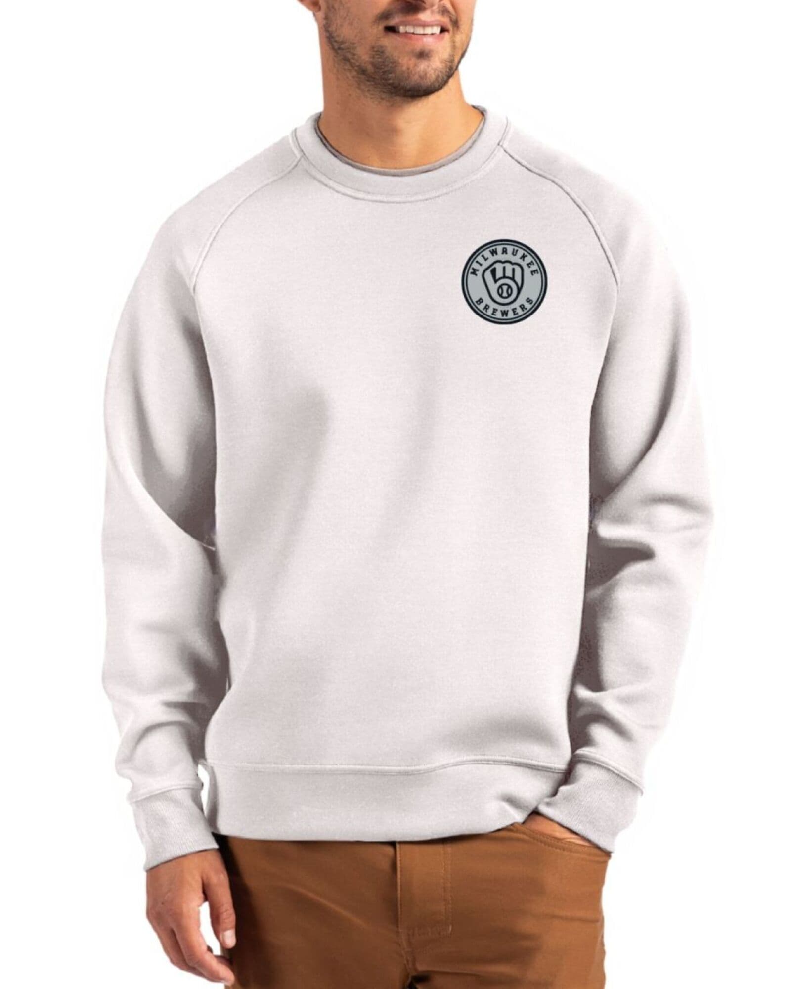 Men's Milwaukee Brewers Cutter & Buck Mono Solitare Roam Buttery-Soft Knit Crew Neck Pullover