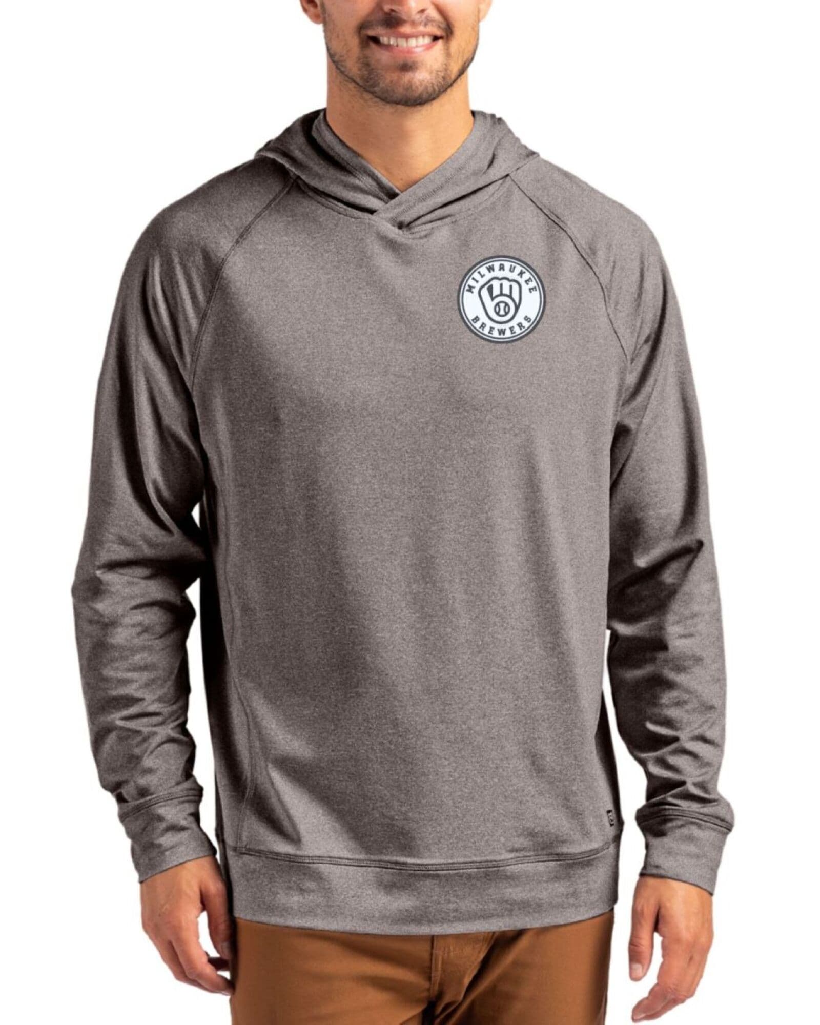 Men's Milwaukee Brewers Cutter & Buck Mono Black Heather Adapt Soft Knit Stretch Heathered Hooded Pullover
