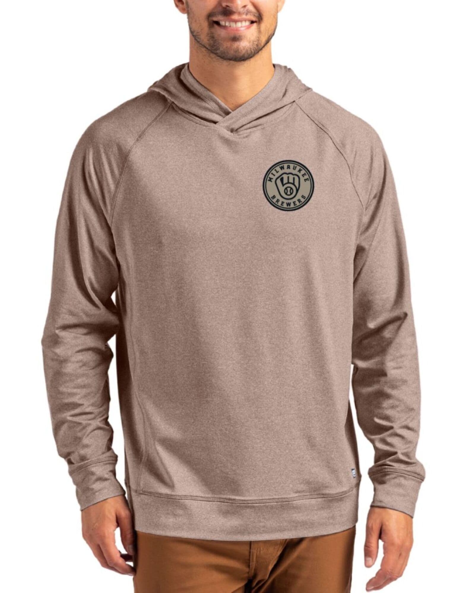 Men's Milwaukee Brewers Cutter & Buck Mono Mushroom Heather Adapt Soft Knit Stretch Heathered Hooded Pullover