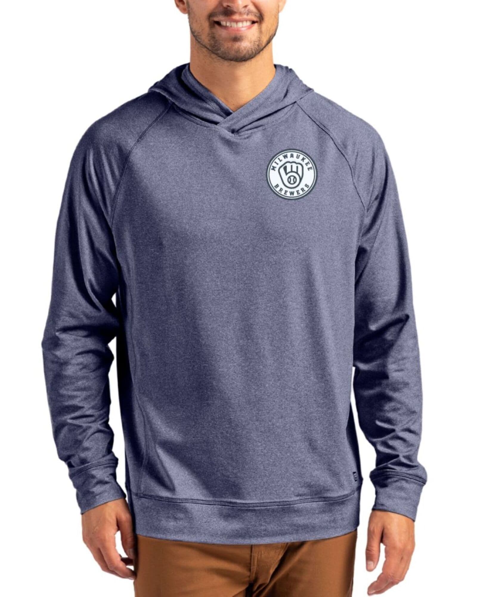 Men's Milwaukee Brewers Cutter & Buck Mono Navy Blue Heather Adapt Soft Knit Stretch Heathered Hooded Pullover