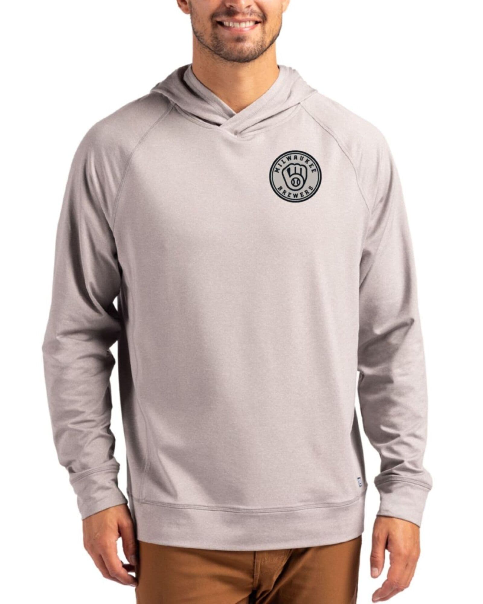 Men's Milwaukee Brewers Cutter & Buck Mono Polished Heather Adapt Soft Knit Stretch Heathered Hooded Pullover