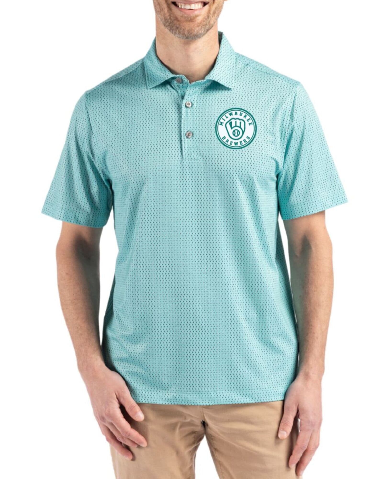 Men's Milwaukee Brewers Cutter & Buck Mono Fresh Mint Pike Shadow Check Print Polo