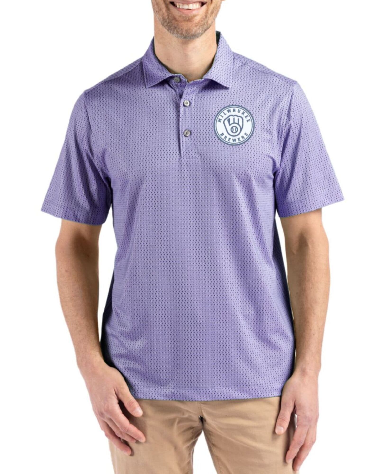 Men's Milwaukee Brewers Cutter & Buck Mono Hyacinth Pike Shadow Check Print Polo
