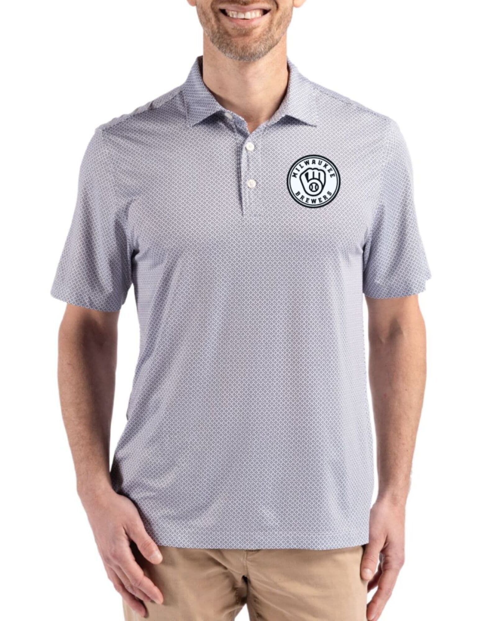 Men's Milwaukee Brewers Cutter & Buck Mono Black Pike Diamond Dot Print Polo