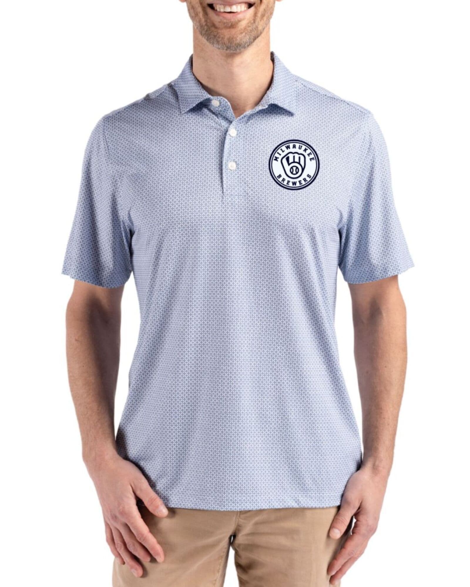 Men's Milwaukee Brewers Cutter & Buck Mono Navy Blue Pike Diamond Dot Print Polo