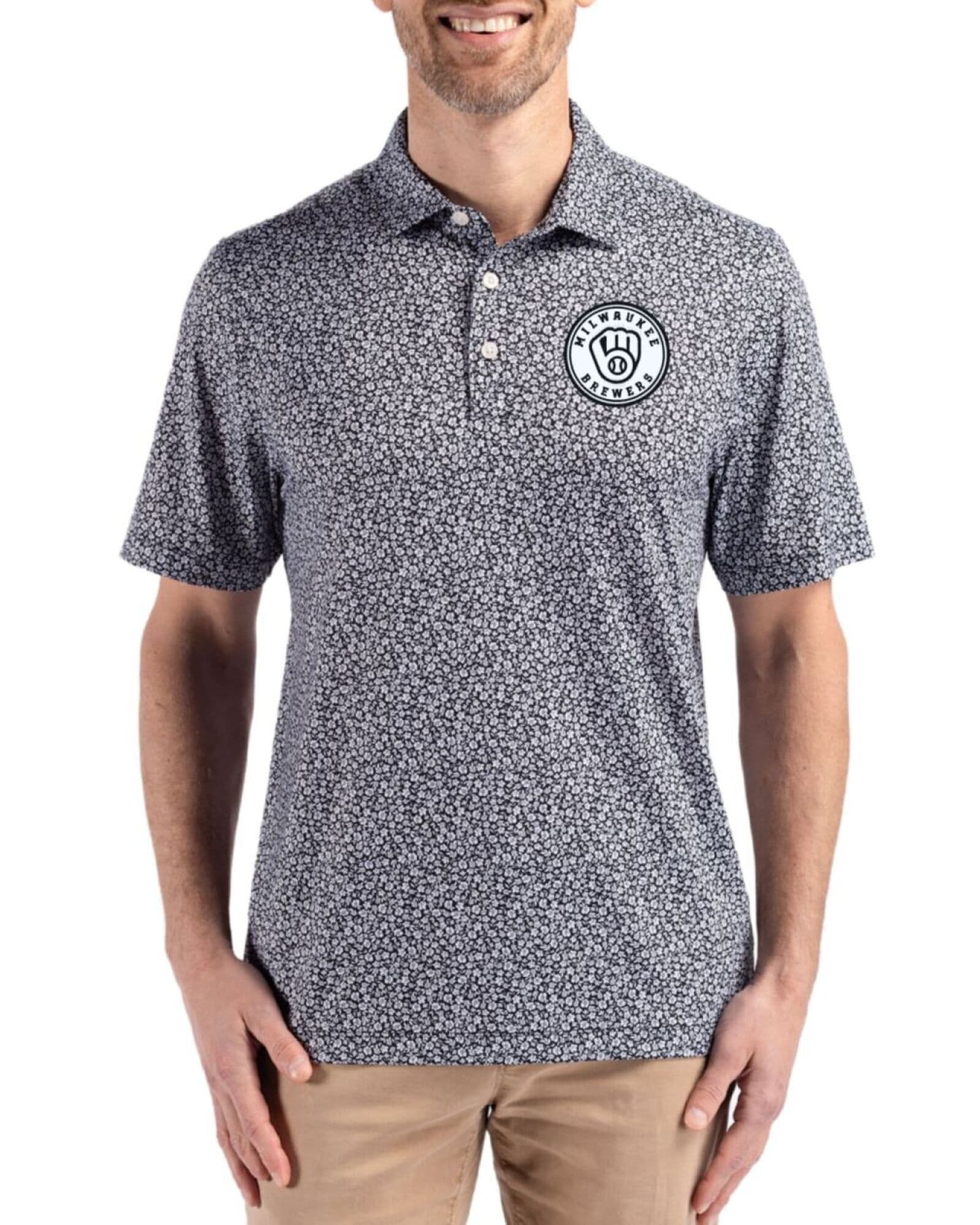 Men's Milwaukee Brewers Cutter & Buck Mono Black Pike Flora Print Polo