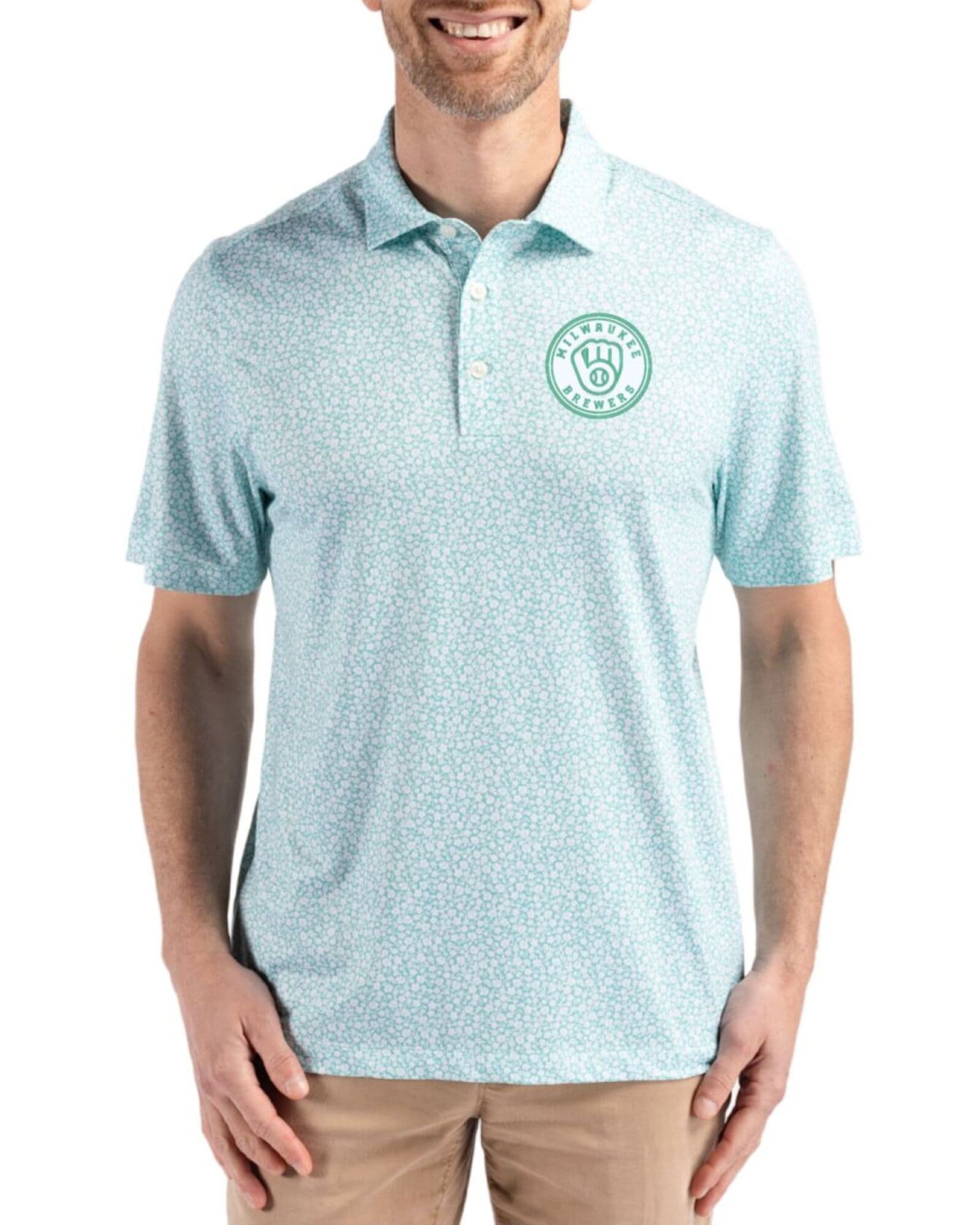 Men's Milwaukee Brewers Cutter & Buck Mono Fresh Mint Pike Flora Print Polo