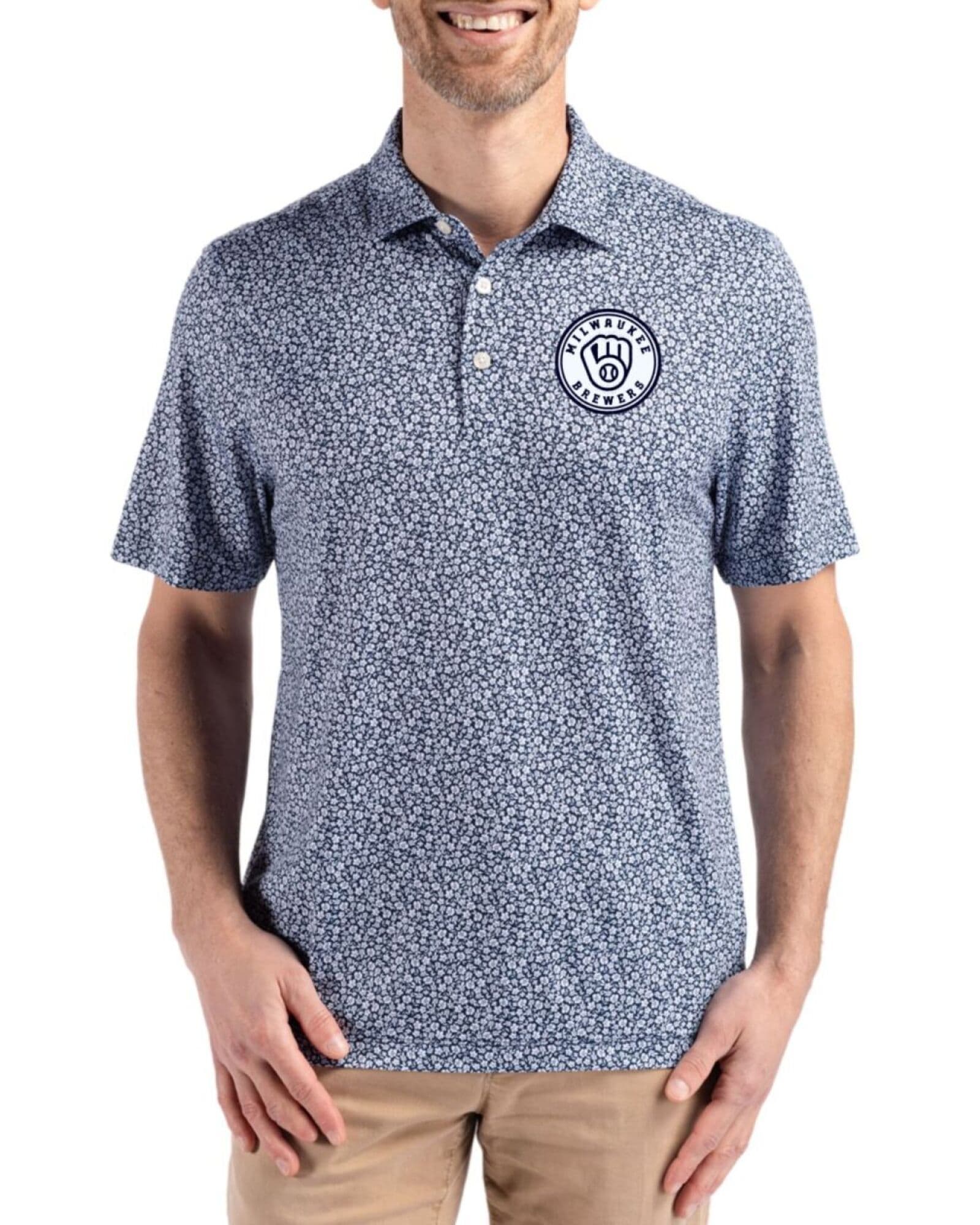 Men's Milwaukee Brewers Cutter & Buck Mono Navy Blue Pike Flora Print Polo