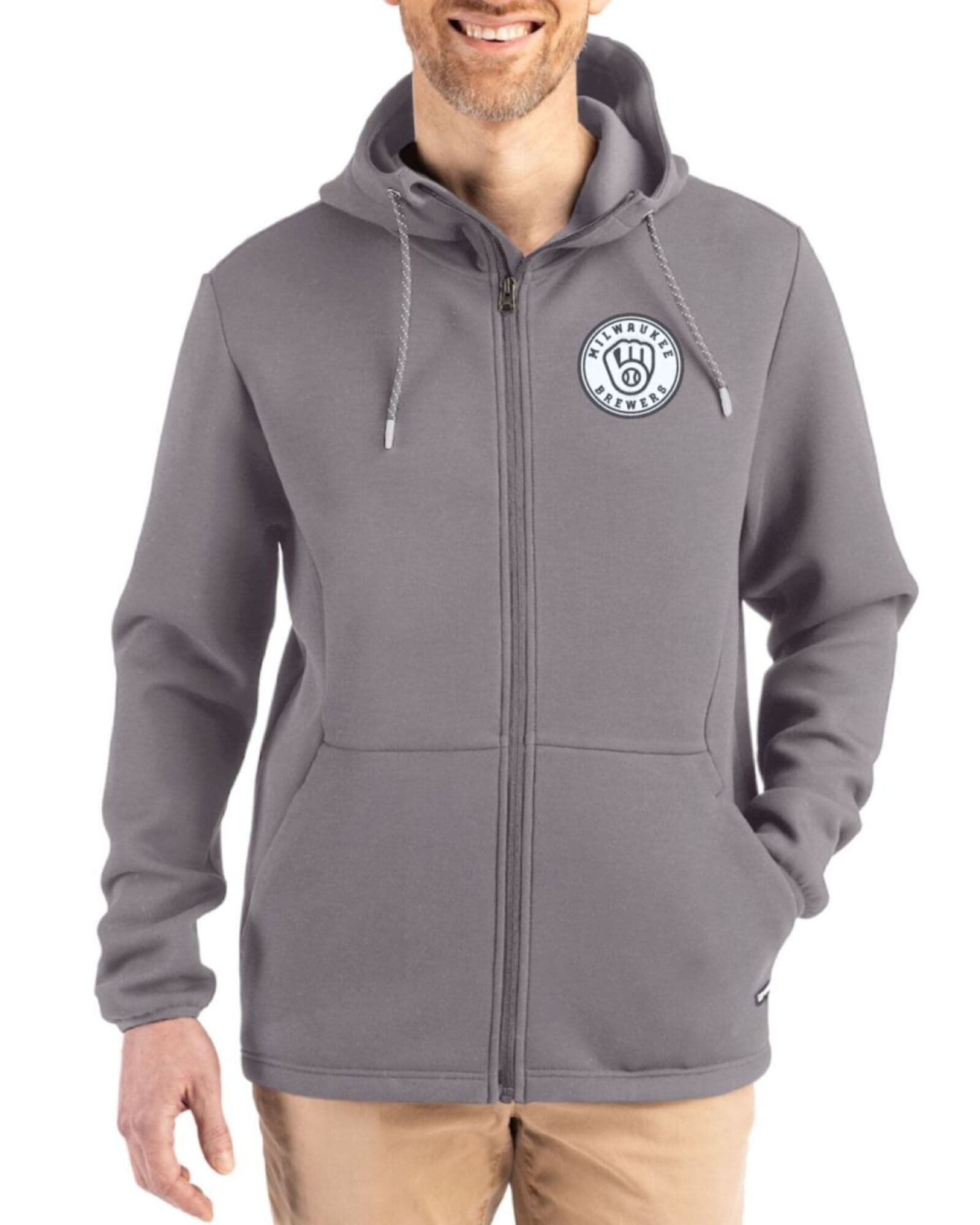 Men's Milwaukee Brewers Cutter & Buck Mono Elemental Grey Roam Buttery-Soft Knit Full Zip Hooded Jacket