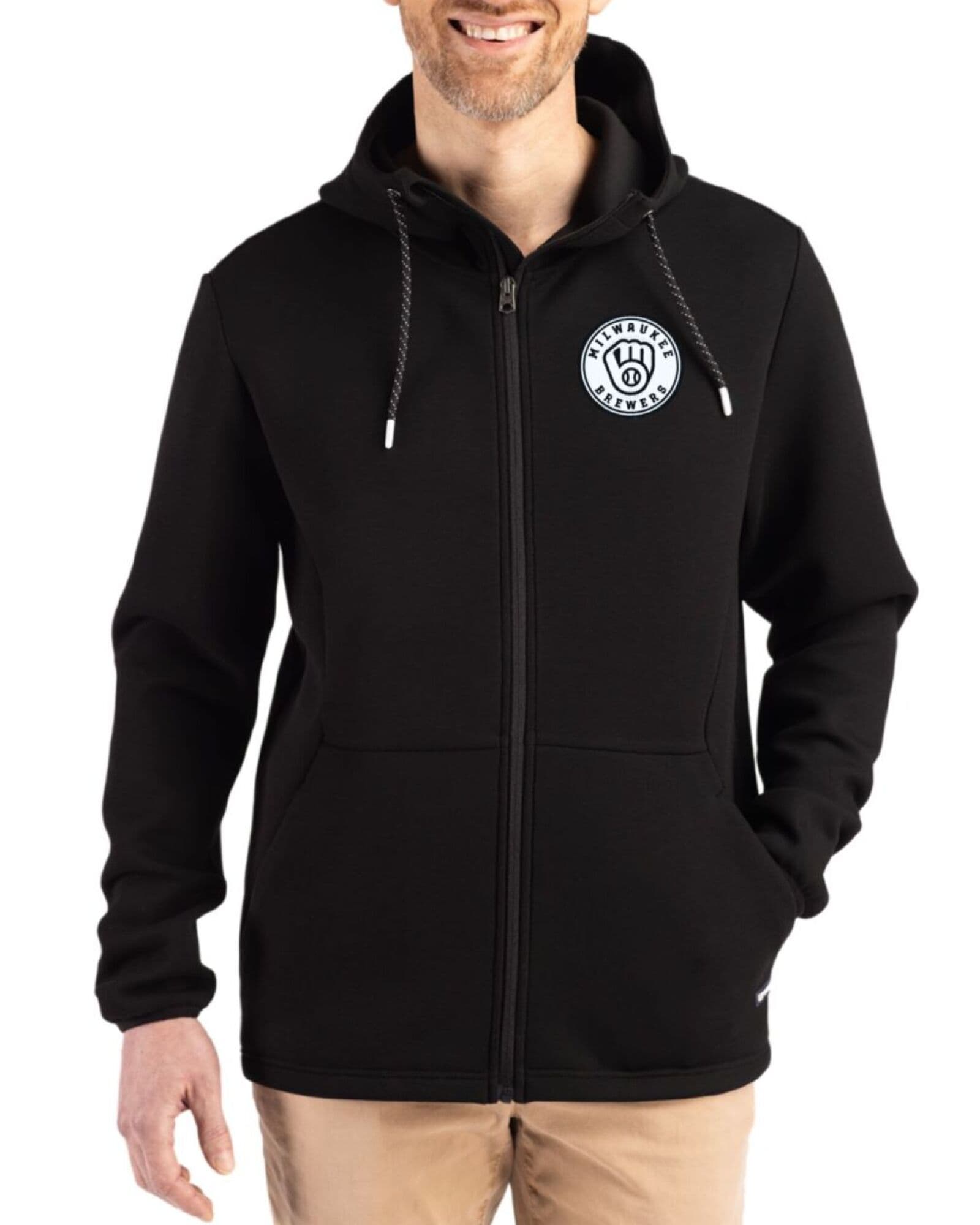 Men's Milwaukee Brewers Cutter & Buck Mono Black Roam Buttery-Soft Knit Full Zip Hooded Jacket