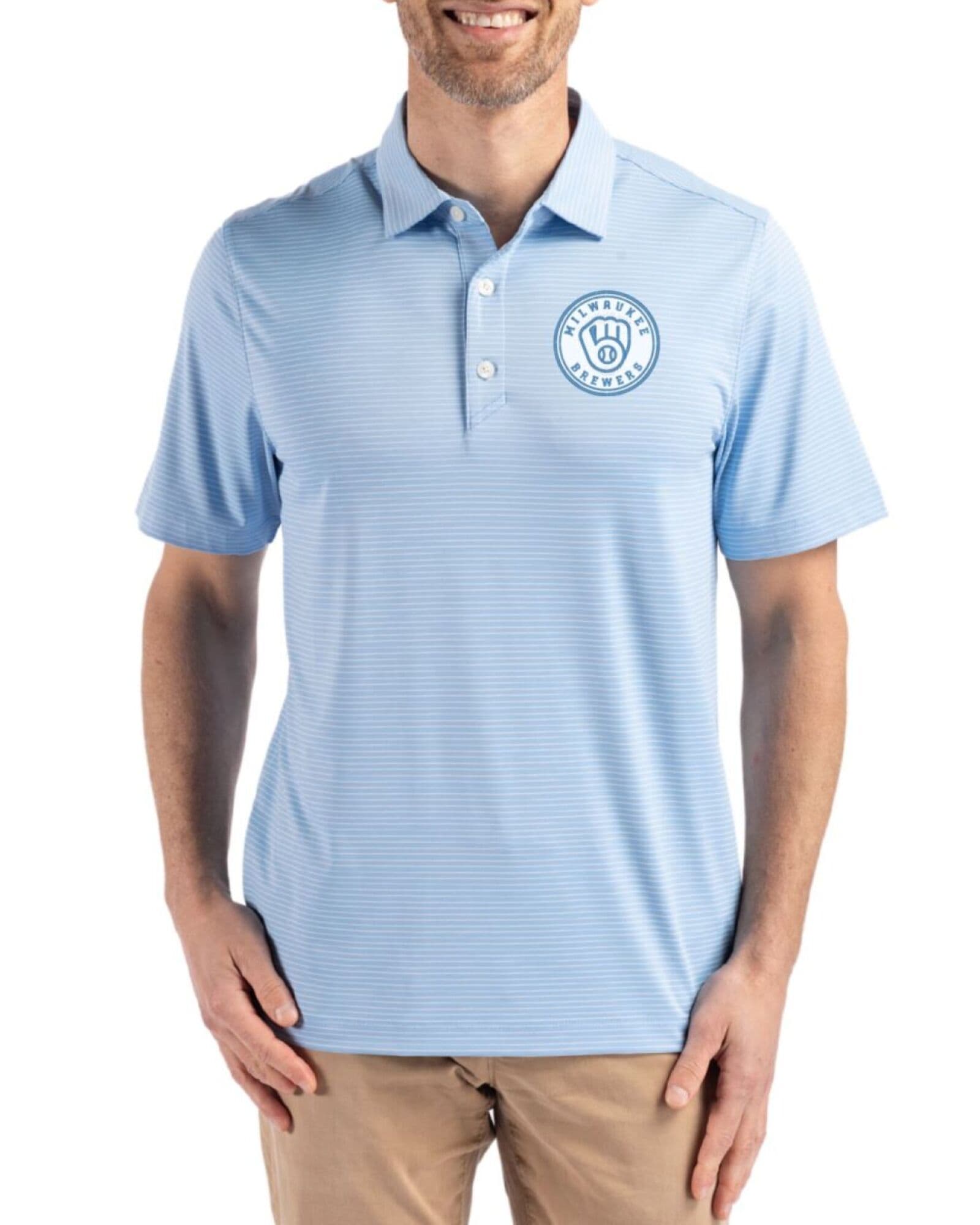 Men's Milwaukee Brewers Cutter & Buck Mono Atlas/White Forge Fine Line Stripe Four-Way Stretch Polo